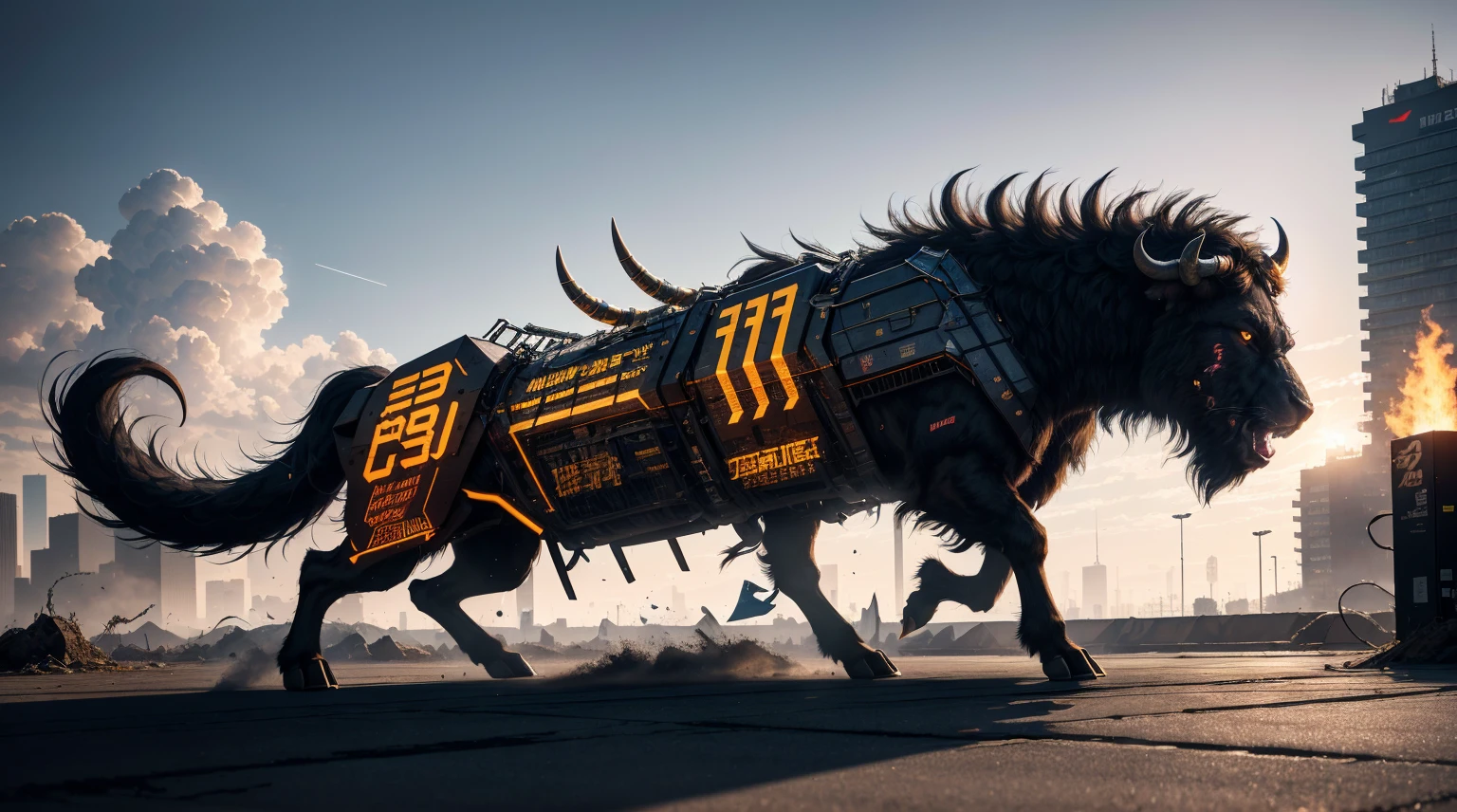 highres, shadows, absurdres, best_quality, ultra_detailed, 8k, extremely_clear, photograph, beautiful, sharp focus, hdr, buffalo, demon king, ferocity, pride, strength, determination, patience, warrior, steadfast, fighting, fantastic location, dream, cyberpunk super arena