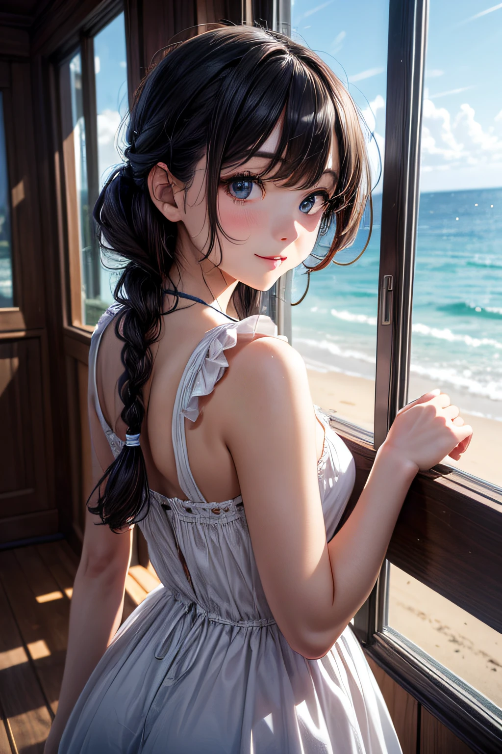 very cute and beautiful girl standing near window,(floral yellow summer dress with detailed frills),sleeveless,detailed lace,skirt lift,(white panties), (highly detailed beautiful face),beach,wooden floating cottage, cowboy shot,(smile:1.2),blush,looking at viewer,medium hair,black hair, (best quality,masterpiece:1.2),absurdres,highres,ultra-detailed,extremely detailed,32k,8k resolution, intricate details,cinematic scene,detailed background,solo,dynamic angle, natural lighting,light particles,beautiful detailed sky,perfect hands,