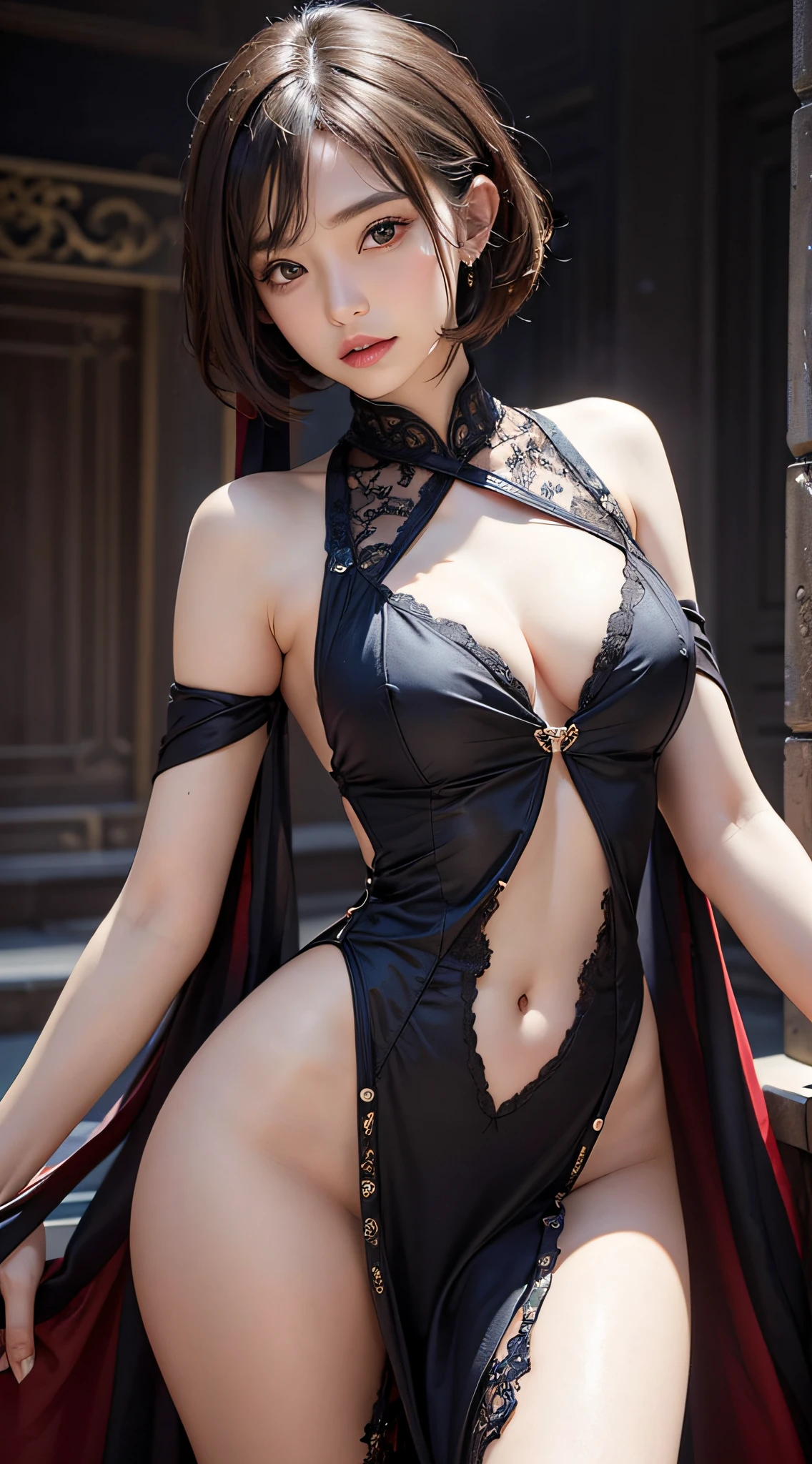 (RAW shooting:1.2)、(Photorealsitic:1.4)、(masterpiece:1.3)、(top-quality:1.4)、(Beautiful woman with perfect body:1.4)、Japan Young Women、(very extremely beautiful:1.2)、(middlebreasts:1.3)、(Slender and beautiful girl)、7headed body、(Sexy model pose with protruding breasts:1.3)、(beautifully detailed eyes)、(charming big eyes)、(beautiful double eyelid)、(beautiful and detailed face)、(a short bob:1.3)、oblique bangs、Look at viewers、Face straight ahead、(Classy dresses、Sleeveless:1.3)、(beautiful thigh)、