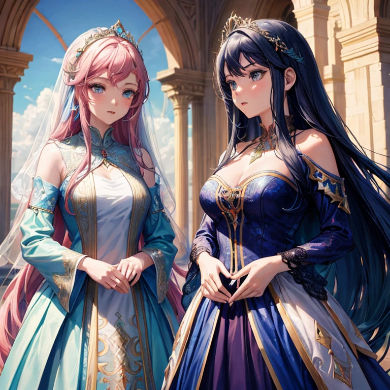 two anime girls in dresses in front of a building, duas lindas garotas de anime, 2. 5 d cgi anime fantasia arte, 8k arte detalhada de alta qualidade, arte oficial altamente detalhada, arte de anime digital detalhada, anime em estilo fantasia, anime fantasy illustration, anime de fantasia bonito, arte de fantasia de anime, Wlop e Sakimichan, epic light novel art cover