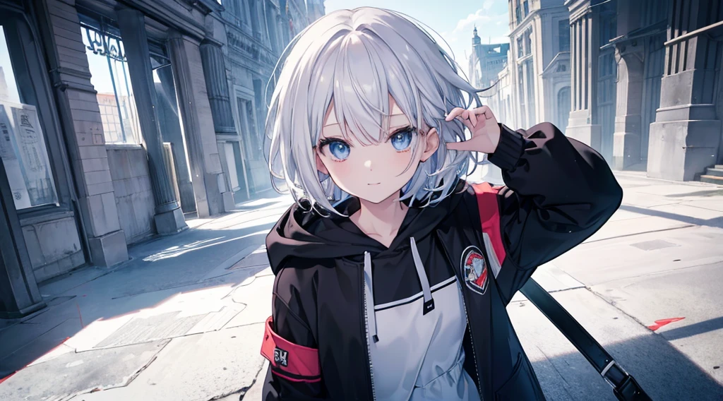 Ultra-high image quality,Look at viewers, hands behind back, girl with, 20 years old, Very short hair, long bangs between eyes, pale blue eyes, Hoodie, Skirt , Extremely detailed,(masterpiece、top-quality)、report、White hair、A smile、White skin as clear as snow、Fantastical, Silver hair, Black eyes, Beautiful eyes,, ???????, charmed, be smitten with audience, Hoodie, White hoodie,a black skirt,Hair is short,look down from above,(masutepiece, Best Quality:1.1),report, 1girll, Curve,White jacket, Casual style,Open jacket, Cowboy Shot、report、Fluttering hair、a small face、hason、Bright smile、(parka、white sneaker fingers、Human hand)、(Detailed face) 、(top-quality: 1.4、tmasterpiece、 hyper HD、 Top resolution,、Very detailed、 profetional lighting、 Gray Light Lighting,fantastic landscape,Blue sky, Sunlight,look down from above,portraitures