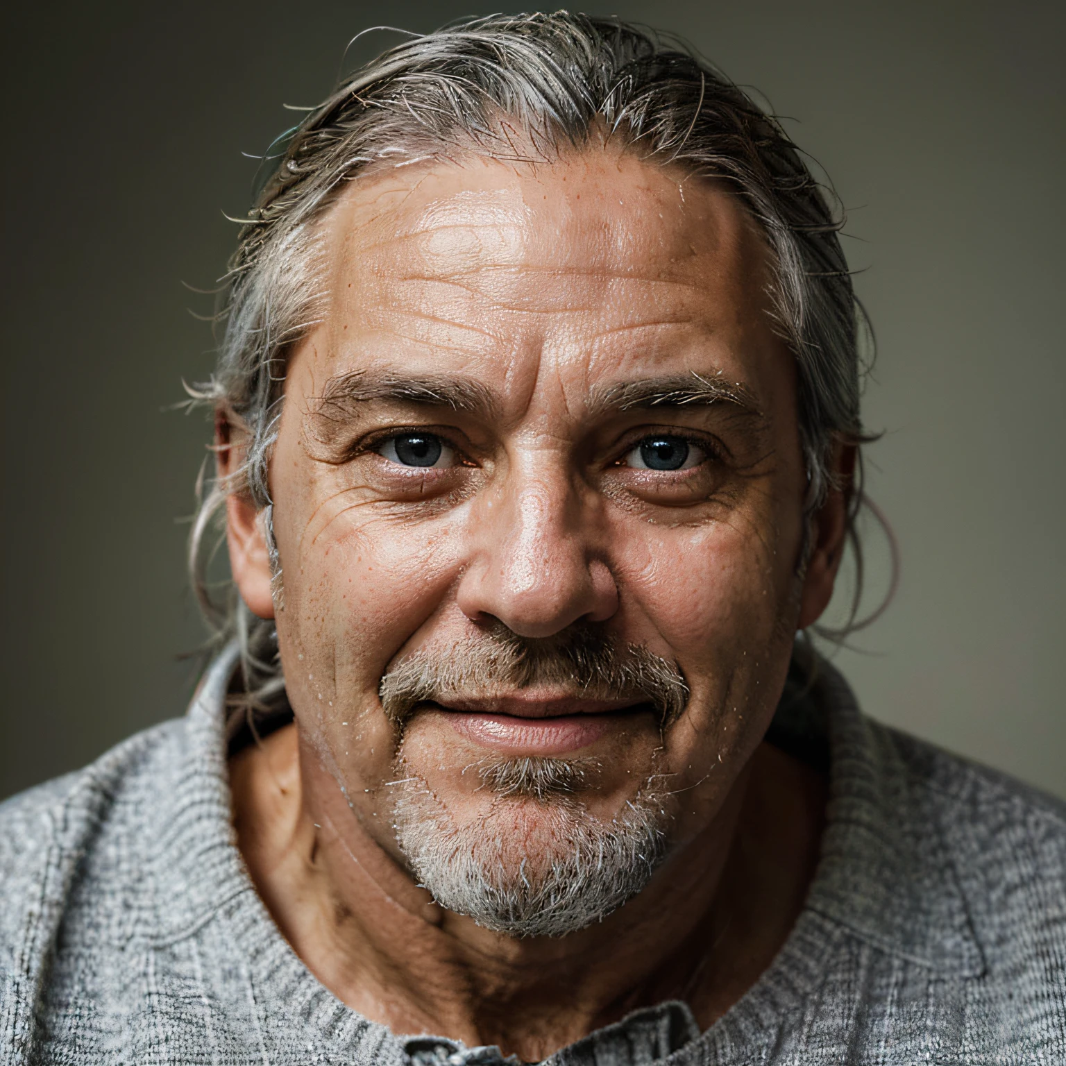 Portrait of a father,warm lighting,nurturing,kind blue eyes, loving smile ,gray hair, silver beard, wisdom,strength,weathered face,strong hands,gentle touch,protective,role model,unconditional love,patient,helpful,shoulder to lean on,firm embrace,wise counsel,experienced,life lessons,memories,laugh lines,gentle heart,loved and respected,heroic,responsible,loving father,emotional bond,pride and joy,family man,distinctive features,best quality,highres,ultra-detailed,realistic,soft color palette,artistic style,confidence,captivating expression,masterpiece:1.2