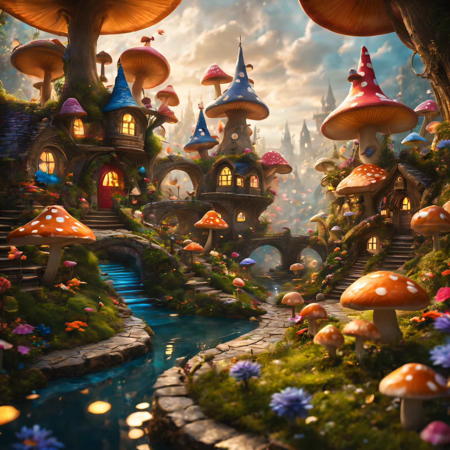 (Surreal,A high resolution,4K,tmasterpiece:1.2),(vivd colour,bokeh,Artistic lighting),Alice in Wonderland themed fairy tale town,story book,Beautifully detailed building,Whimsical landscape,Magic Street,Playful characters,Weird costumes and props,Floating teacups,Dream mushrooms,floral decorations,hidden doorway,Magical tree,Fantastical Atmosphere,Vibrant colors and contrast,Fantasy lighting effects,Ethereal scene,Fantastical Atmosphere,Fascinating details,Pay attention to textures and patterns.