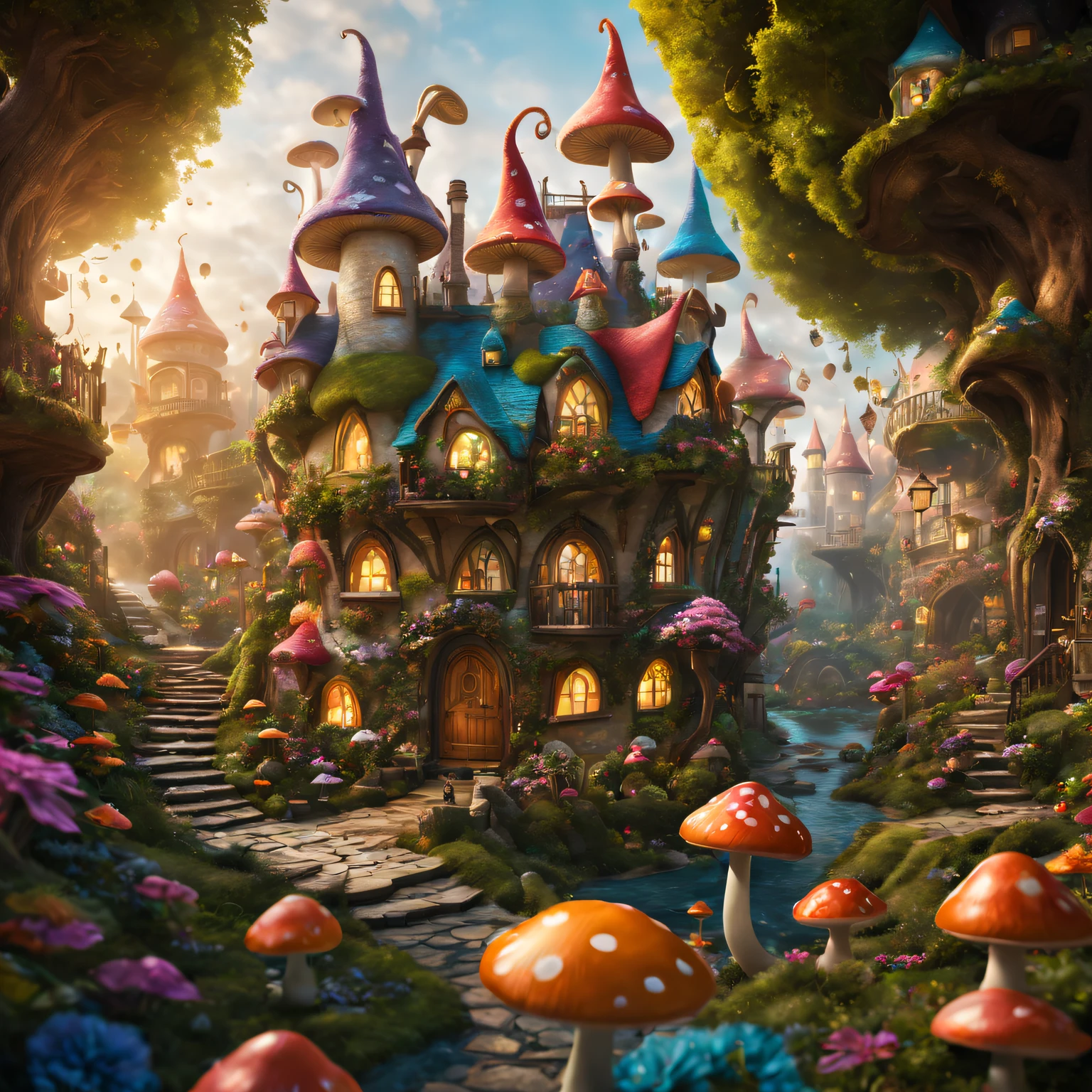 (Surreal,A high resolution,4K,tmasterpiece:1.2),(vivd colour,bokeh,Artistic lighting),Alice in Wonderland themed fairy tale town,story book,Beautifully detailed building,Whimsical landscape,Magic Street,Playful characters,Weird costumes and props,Floating teacups,Dream mushrooms,floral decorations,hidden doorway,Magical tree,Fantastical Atmosphere,Vibrant colors and contrast,Fantasy lighting effects,Ethereal scene,Fantastical Atmosphere,Fascinating details,Pay attention to textures and patterns.