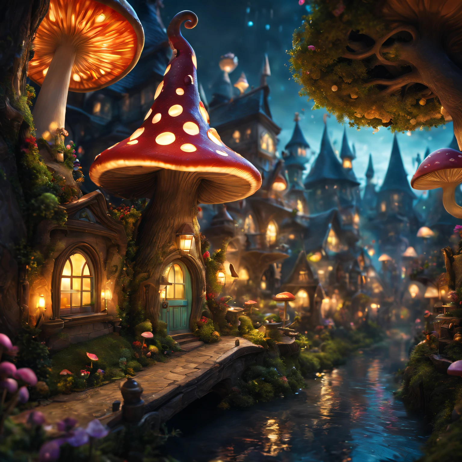 (Surreal,A high resolution,4K,tmasterpiece:1.2),(vivd colour,bokeh,Artistic lighting),Alice in Wonderland themed fairy tale town,story book,Beautifully detailed building,Whimsical landscape,Magic Street,Playful characters,Weird costumes and props,Floating teacups,Dream mushrooms,floral decorations,hidden doorway,Magical tree,Fantastical Atmosphere,Vibrant colors and contrast,Fantasy lighting effects,Ethereal scene,Fantastical Atmosphere,Fascinating details,Pay attention to textures and patterns.
