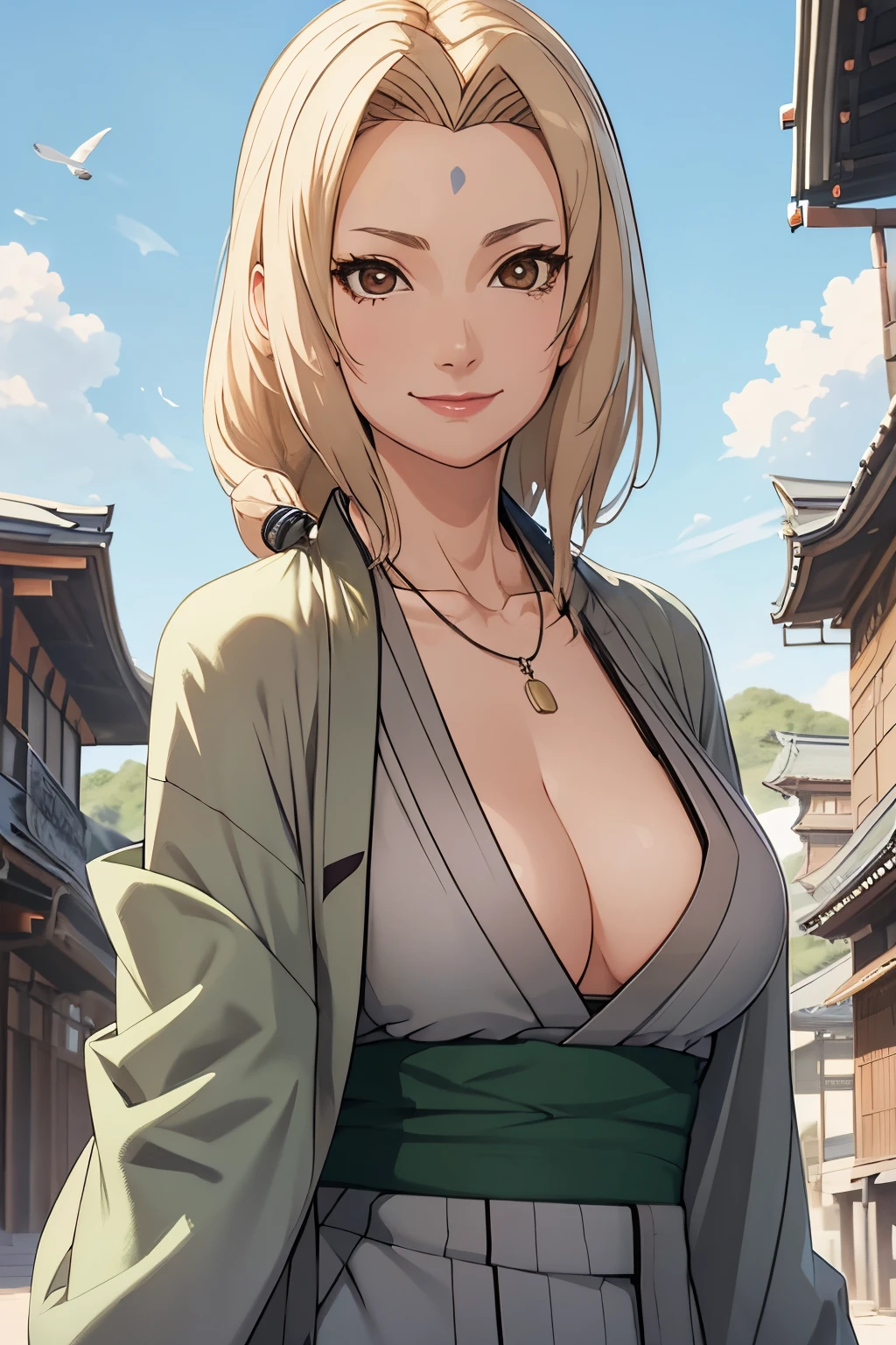 1woman,solo,blonde hair,medium hair,brown eyeorehead blue mark))),cleavage,necklace,wearing haori,(((green haori))),wearing kimono,(((grey kimono))),(((haori on kimono))),posing,smiling,(((flying kiss))),standing,background:mountains,background:sky,correct anatomy,detailed hands,detailed face,detailed fingerasterpiece:1.2),realistic:1.5,ultra details,daylight,windy,(((SFW))),(upper body:1.3)