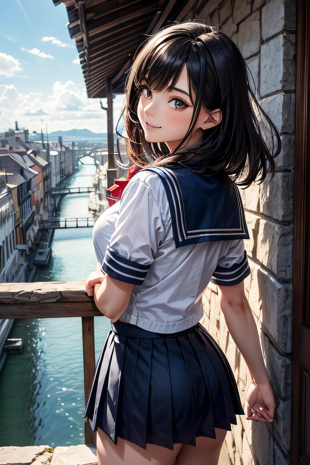 Very cute and beautiful girl,Teen,(very detailed beautiful face and eyes:1.2),Seifuku,Smile,(Navy blue pleated mini skirt),
(Cowboy Shot),Skirt lift,White panties,Dynamic Pose,Dynamic Angle,Looking at Viewer,
many european houses with red roofs,(Town overview:1.2),Narrow river and distant stone bridge,Detailed landscapes,
Black hair,(Best Quality,masutepiece:1.2),Intricate details,Solo,8K resolution,Natural lighting,
Hair fluttering in the wind,Beautiful detailed sky,