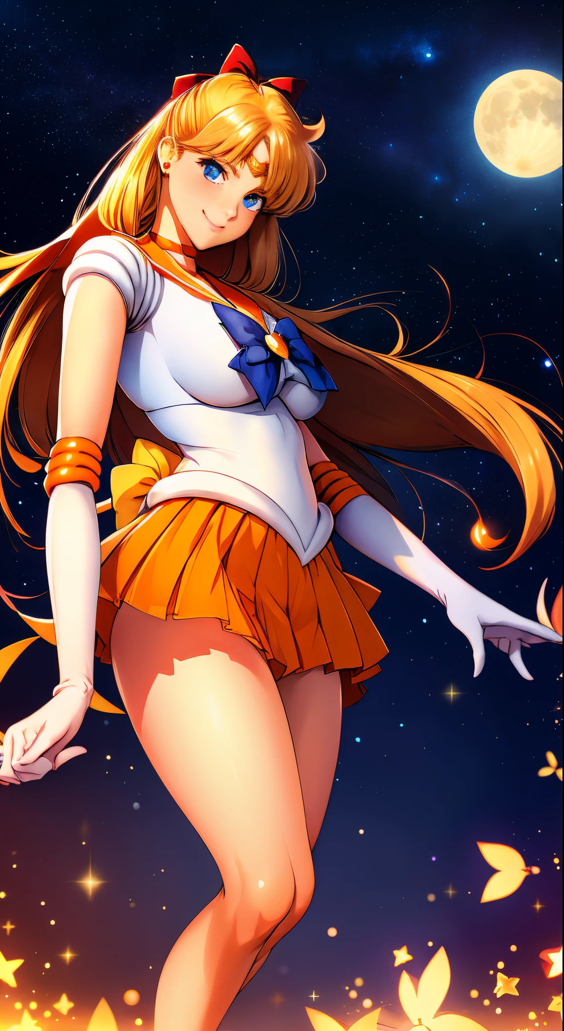 masutepiece, Best Quality, hight resolution, SV1, Sailor Senshi Uniform, Orange skirt, White shorts、elbow groves, tiarra, Pleated skirt, Miniskirt, White panty、Red bow, orangechoker, White Gloves, Jewelry, Starry sky, badass pose, slight smile, Portrait, floating, Moon, Upper body