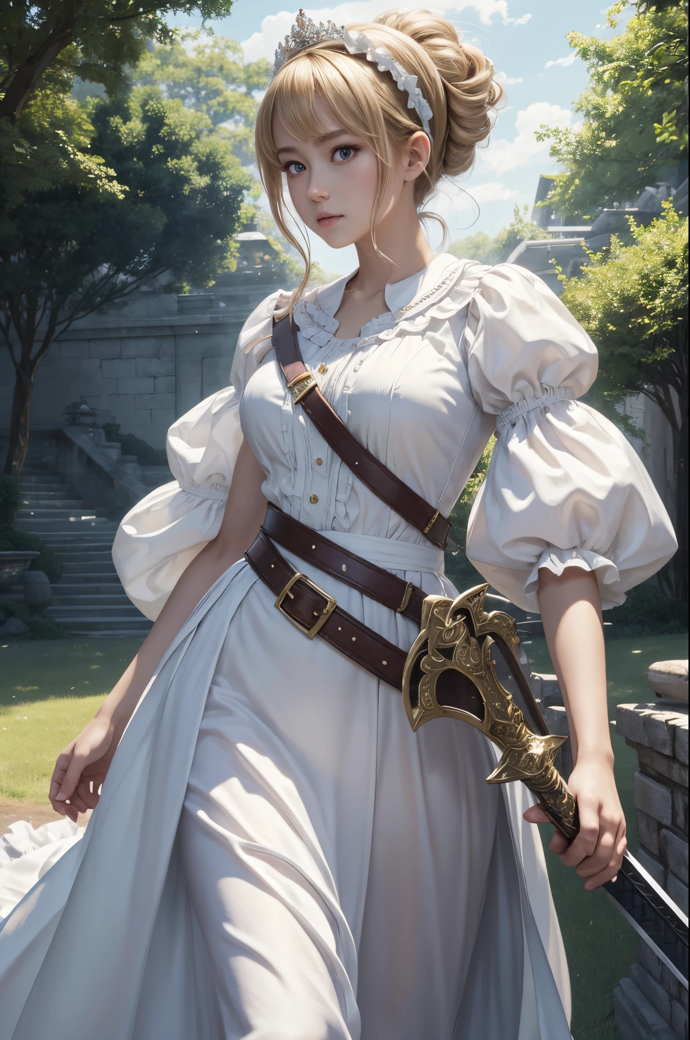 8K、of the highest quality、masutepiece、超A high resolution、(Photorealsitic:1.4)、1 maid、toddlewith sword,blonde short perm hair、small breasted infant maid,Seauty(Like the real thing)Ruffled headband、poneyTail、Braided hair、frilled blouse、Ribbon Ties、 Pinnafor、long skirt、puff sleeves、white silk ankle sokril、glistning skin、 outside the big blue and white mansion、Sharp eye light,deadpan,beatiful backgrounds,超A high resolution,super realistic skin,Beautiful expression,Fantasyart,reallistic,super detailing,ultra -detail,character art,Glaring at the viewer,Holding a big sword,action scene,Battle scenery,Fighting attitude,
