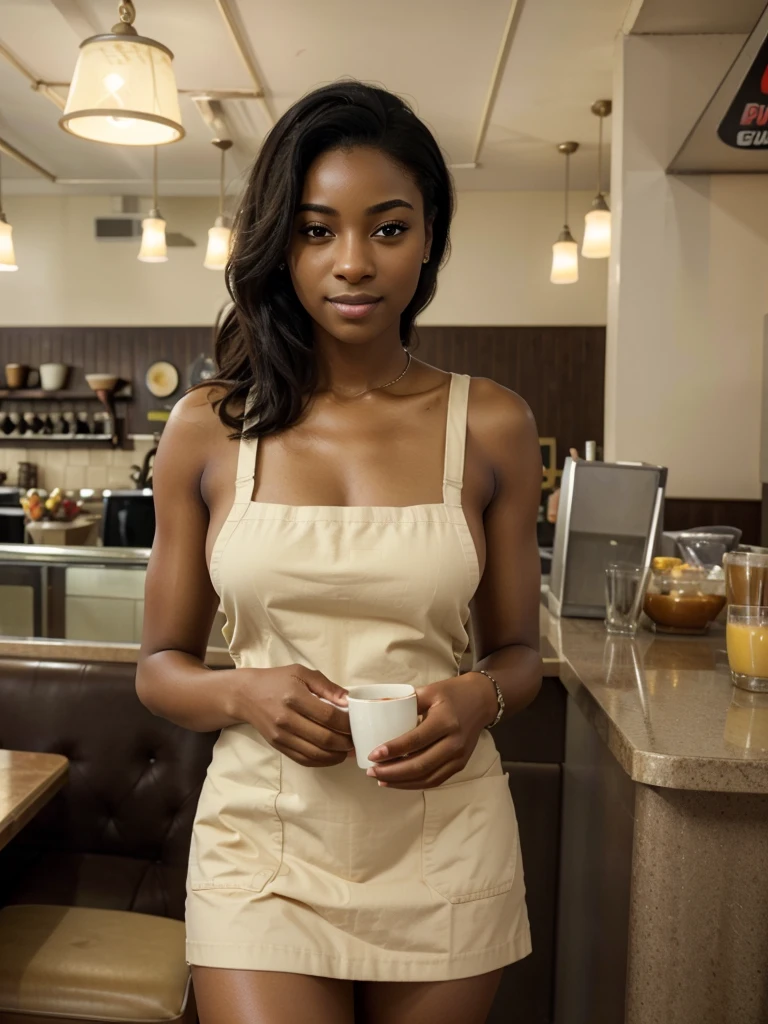(best quality,4k,8k,highres,masterpiece:1.2),ultra-detailed,(realistic,photorealistic,photo-realistic:1.37),portrait,beautiful detailed eyes,beautiful detailed lips,extremely detailed eyes and face,longeyelashes,dark skinned black woman,23yo girl,waitressing at a local diner,cute outfit,stylish hair,confident smile,warm lighting,soft focus,diner interior,retro aesthetic,neon signs,delicate jewellery,vibrant colors,cheerful atmosphere,friendly customers,delicious food,apron,coffee cup,diner counter,casual dining