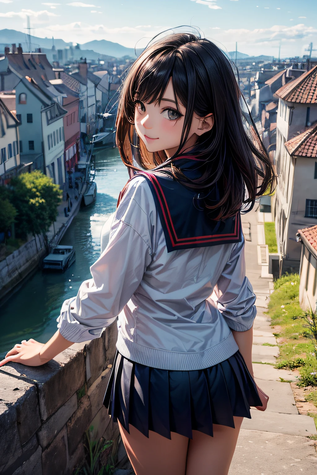 Very cute and beautiful girl,Teen,(very detailed beautiful face and eyes:1.2),Seifuku,Smile,(Navy blue pleated mini skirt),
(Cowboy Shot),Skirt lift,White panties,Dynamic Pose,Dynamic Angle,Looking at Viewer,
many european houses with red roofs,(Town overview:1.2),Narrow river and distant stone bridge,Detailed landscapes,
Black hair,(Best Quality,masutepiece:1.2),Intricate details,Solo,8K resolution,Natural lighting,
Hair fluttering in the wind,Beautiful detailed sky,