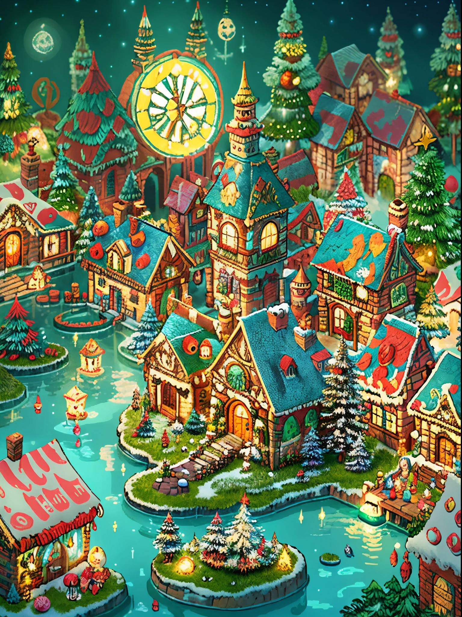 (tmasterpiece),(ultra - detailed:1.3),Best quality at best,(Sparkling:1.2),(Christmas village in dream fairy tale:1.4),(Van Gogh style Christmas architecture: 1.5),(The moon empty),((Delicious sweets,Christmas tree, gifts, Christmas stockings, cute gingerbread man,chocolate house splash)), Illustration style, and decorations, Fantasy Christmas Town, Lovely design style, natta,snowfield,moon full,Vibrant colors、 ((Whimsical and charming fantasy)), Surreal portrait, (Fantasy themed fairy tale village), (Whimsical clockwork accessories), (Colorful, Landscape full of candy), (enchanting, Fantastic creatures), (A vibrant, candy colored building), (Sweets and Candy Road), (Candy Castle) in distance, (Like a mirror, Asymmetric masterpiece clock accessories), (Rich, fantasticcolors), (Twinkling stars) Elevated, (four dimensional dream), (Charming and charming atmosphere), (Playful composition), (Vivid lighting effects), 1.4x realism,hyper HD,Shown in this beautiful scene,(Very meticulous,Reasonable design,Clear lines,High- sharpness,tmasterpiece,offcial art,movie light effect,8K)