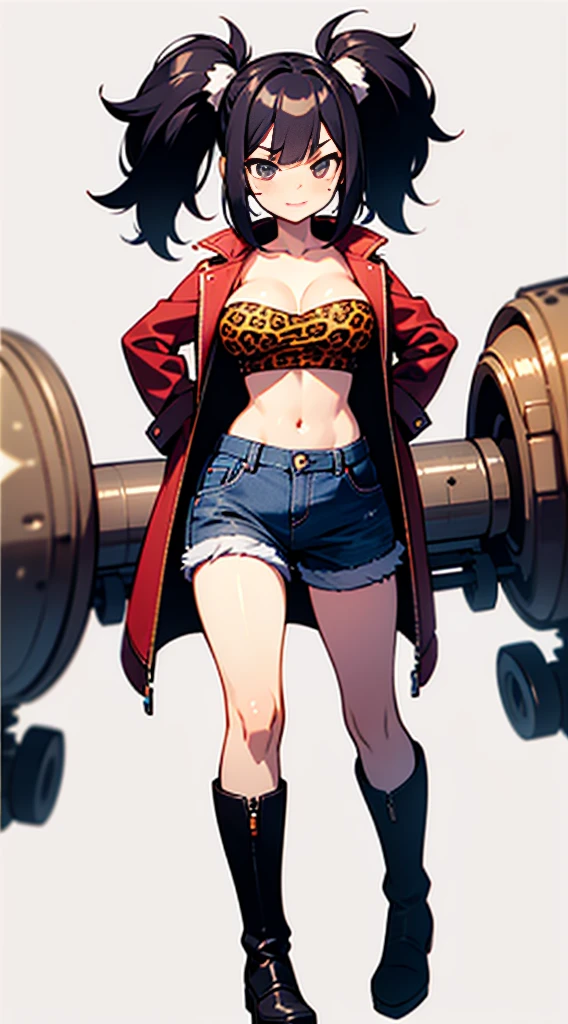 8K,Ultra Detail,ultra-quality,ultra precision,ultimate masutepiece,No extra arms,lack of extra legs,No extra fingers,large full breasts,A young girl with a cheeky expression,gals,twin tail,tube top,Leopard print coat,jeans(short),knee high socks,long boots,