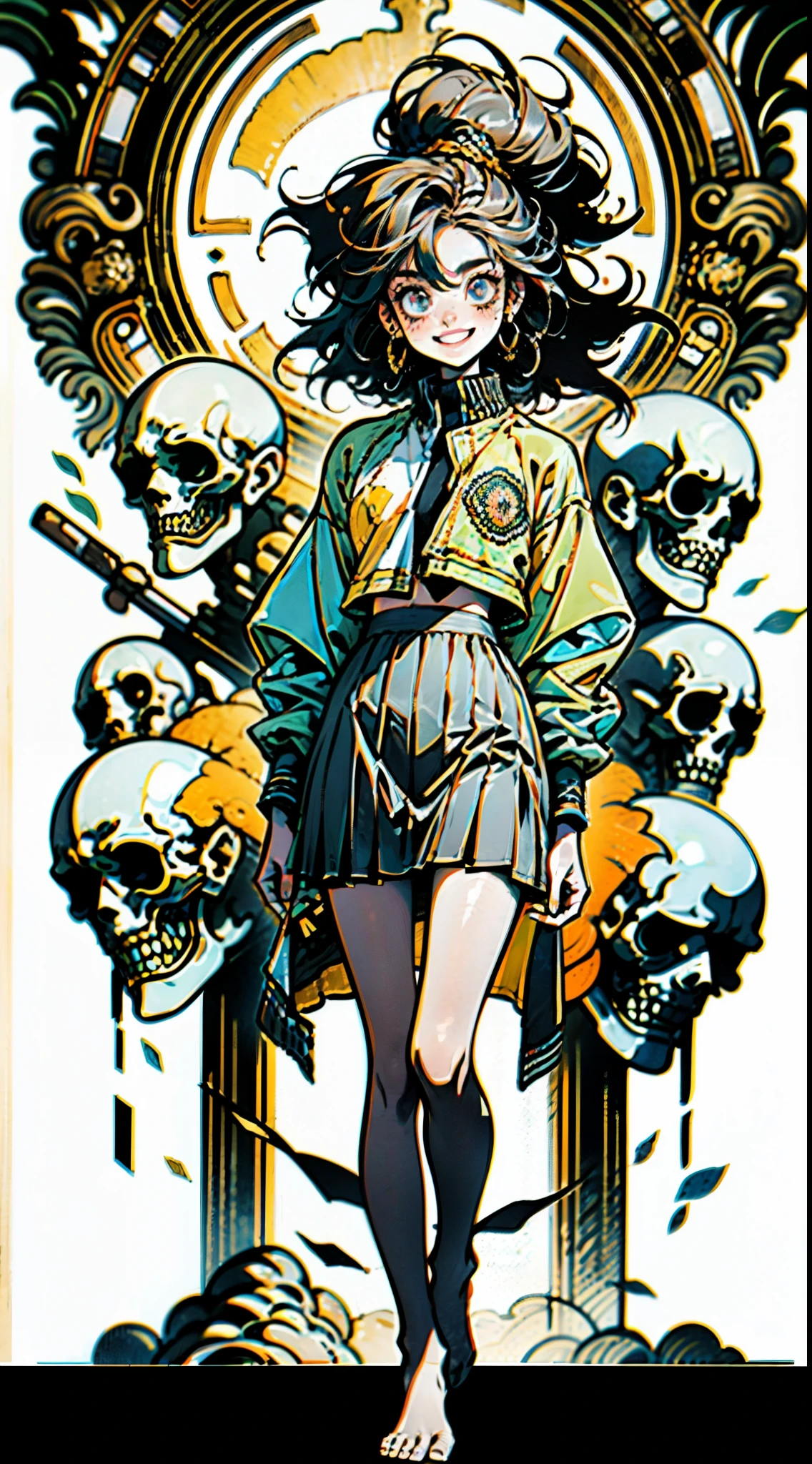 A girl with short gray hair, bright eyes, a cheerful smile, a joyful expression, a slender figure, a two-piece fantasy-realistic style jacket, short skirt that matching the outfit, barefoot, she happily leaps in front of a fantasy-style ancient ritual building, bright and soft color, this character embodies a finely crafted fantasy-realistic style girl in anime style, exquisite and mature manga art style, high definition, best quality, highres, ultra-detailed, ultra-fine painting, extremely delicate, professional, anatomically correct, symmetrical face, extremely detailed eyes and face, high quality eyes, creativity, RAW photo, UHD, 8k, Natural light, cinematic lighting, masterpiece-anatomy-perfect, masterpiece:1.5