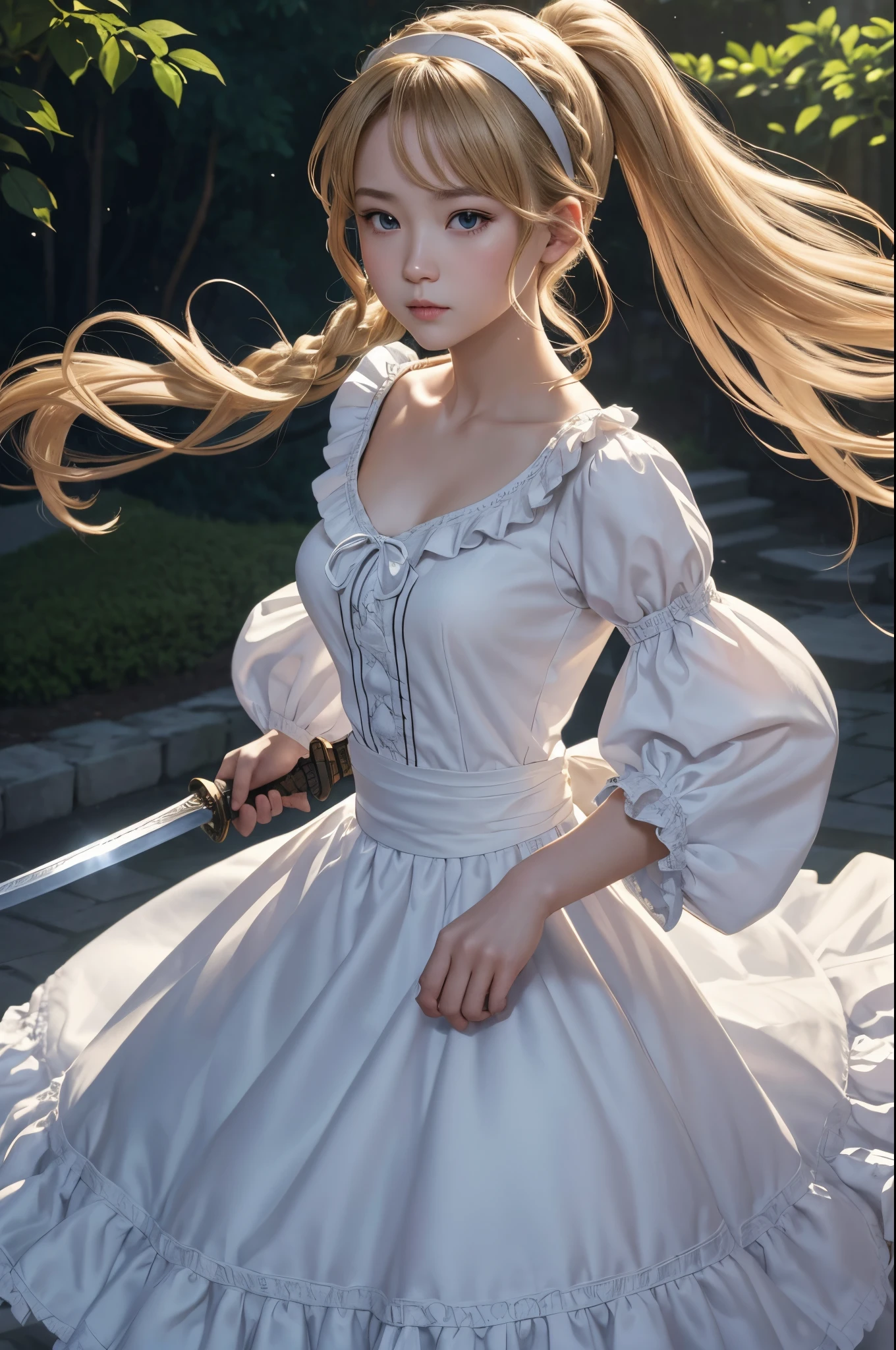 8K、of the highest quality、masutepiece、超A high resolution、(Photorealsitic:1.4)、1 infant maid、toddler maid with sword,blonde short perm hair、small breasted infant maid,Super beauty(Like the real thing)Ruffled headband、poneyTail、Braided hair、frilled blouse、Ribbon Ties、 Pinnafor、long skirt、puff sleeves、white silk ankle sokril、glistning skin、 outside the big blue and white mansion、Sharp eye light,deadpan,beatiful backgrounds,超A high resolution,super realistic skin,Beautiful expression,Fantasyart,reallistic,super detailing,ultra -detail,character art,Glaring at the viewer,Holding a big sword,action scene,Battle scenery,Fighting attitude,Turn your gaze to your audience,
