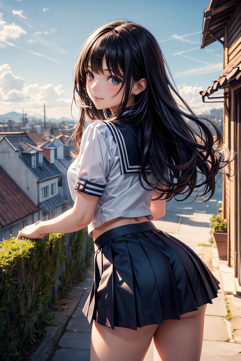 very cute and beautiful girl,teen,(highly detailed beautiful face and eyes:1.2),seifuku,smile,(navy blue pleated mini skirt),
(cowboy shot),(looking back,from behind),leaning forward,from below,white panties,
many european houses with red roof,(town overview),detailed landscape,
black hair,(best quality,masterpiece:1.2),intricate details,solo,8k resolution,natural lighting,extremely detailed cg,
hair fluttering in the wind,beautiful detailed sky,