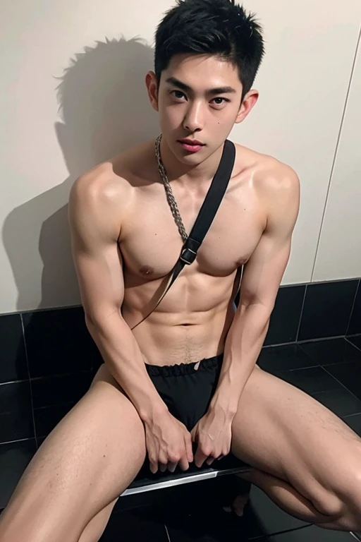 Best Quality, High quality, hight resolution, 4K, masutepiece, Detailed face, Detailed eyes, Asian Men Pictures, Young men, Perfect face, perfect bodies, perfect erect penis, BDSM style,Brown hair color,public restroom,25 year old young man,Rape,anal sex,Short-haired with black hair,Black eyes, jock strap,toppless, Sweat vapor, Crying face,Reluctant face,blush,Parted lips,fullnude, Bondage,Panties,What BDSM looks like,gargantilha,noose,Open legs,chain,