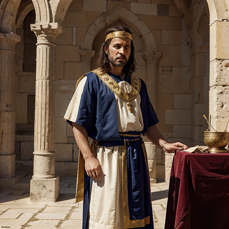 Painting of a blind king dressed in Greek medieval attire
