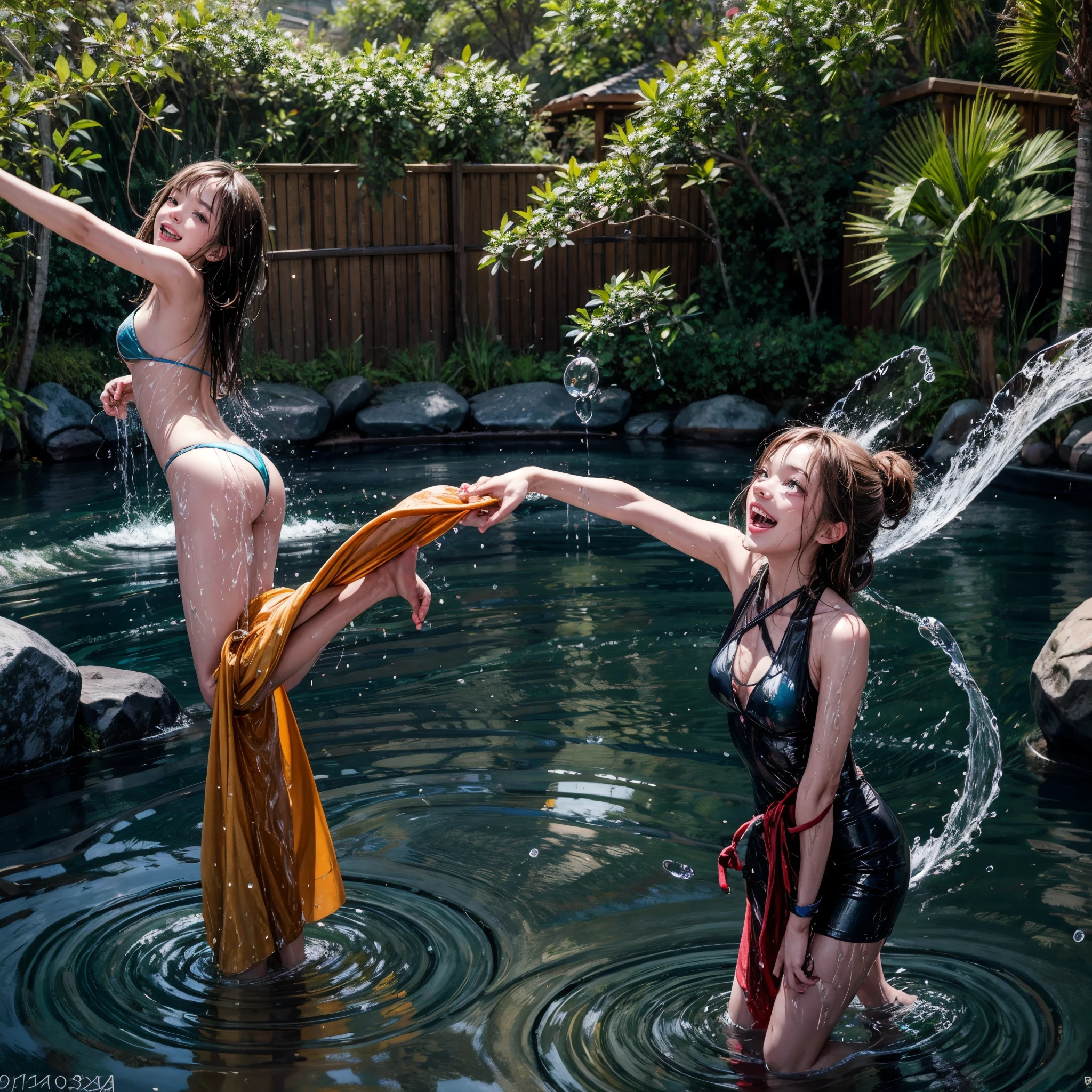 (RAW Photograph:1.5), (Exposed:1.28, nipple:-0.9),splashing water, sunshine filtering through the trees, vibrant colors, sparkling droplets, smiling faces, joyful laughter, summer vibes, peaceful atmosphere, playful movement, refreshing sensation, ripples on the water surface, dynamic action, nature backdrop, carefree spirit, lively expressions, wet hair, sunny day, sun-kissed skin, water spray, energetic motion, gleaming reflections. under the mesmerizing back lighting