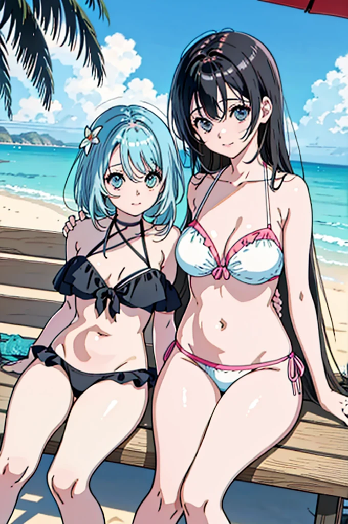 2meninas, anime image of two girls in bikinis sitting on a bench, na praia, na praia, em uma praia ensolarada, em uma praia, duas lindas garotas de anime, em uma praia, Realistic bikini, encalhe, garotas de anime, foto de praia, on seashore, Relaxando na praia, na praia, difference in size, younger sister and older sister, sorrir, Holding a hand, fofura