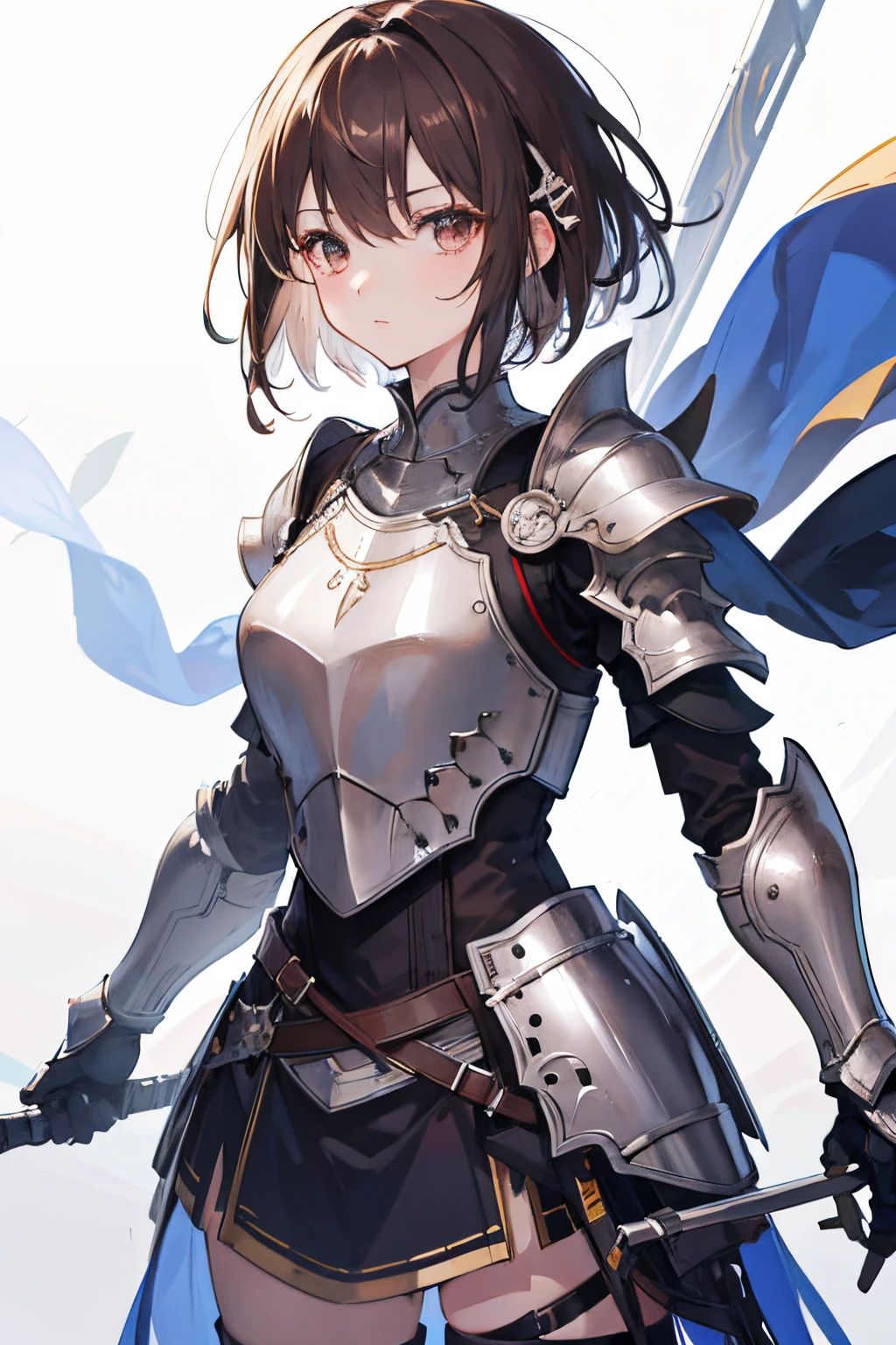 highres,high quality,best quality,detailed,1girl,solo,standing,fantasy,white background, background, character design,tachi-e,brown hair,short hair,tied back ribbon,silver eyes,knight, slightly armor,