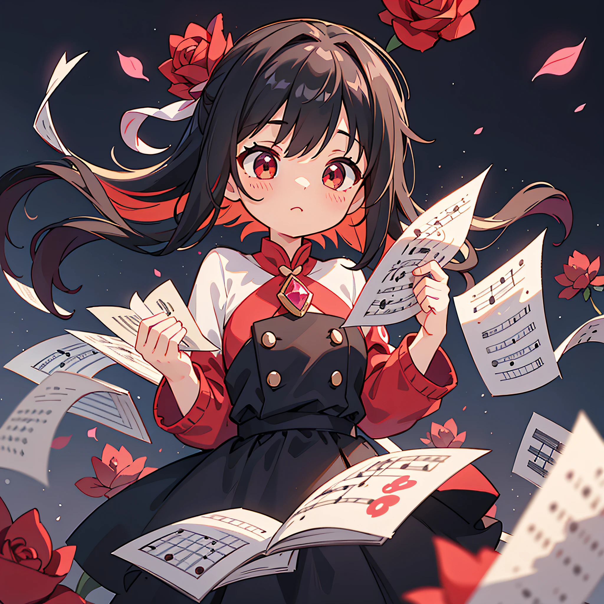 wallpaper,dynamic angle,dynamic lighting,depth of field, centered,dynamic composition,close up, dynamic cute pose,((interesting detailed background)),(light reflections), cinematic lighting, sparkles, glowing light, 8k, 1girl, kawaii, blush, cute, busy background, black hair, flowy hair, red glowing crystal eyes, black and red outfits, red rose, rose petals floating, papers of music sheets, ((floating papers of music sheets)), musical notes effects, red and black background with musical pattern, full of flower petals