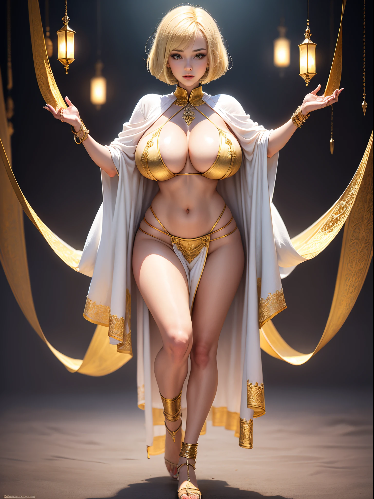 1girl, lithe babe with gigantic tits, cleavage, dancer, fantasy setting, diaphanous white robes, full body shot, golden-yellow hair, gold trim, embroidery, bobcut, straight hair, mini skirt, loincloth