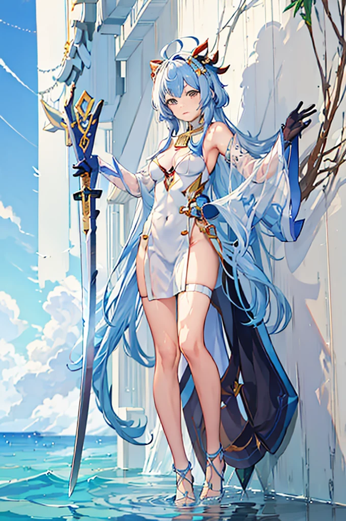 animemanga girl，Long white hair and a sword in the water, From《Azur route》videogame, Kushatkrenz Key Art Women, azur lane style, anime goddess, Very detailed ArtGerm, splash ink art anime loli, Detailed key animation art, Ayaka Genshin impact, 《Azur route》role, 《the original god》Keqing in