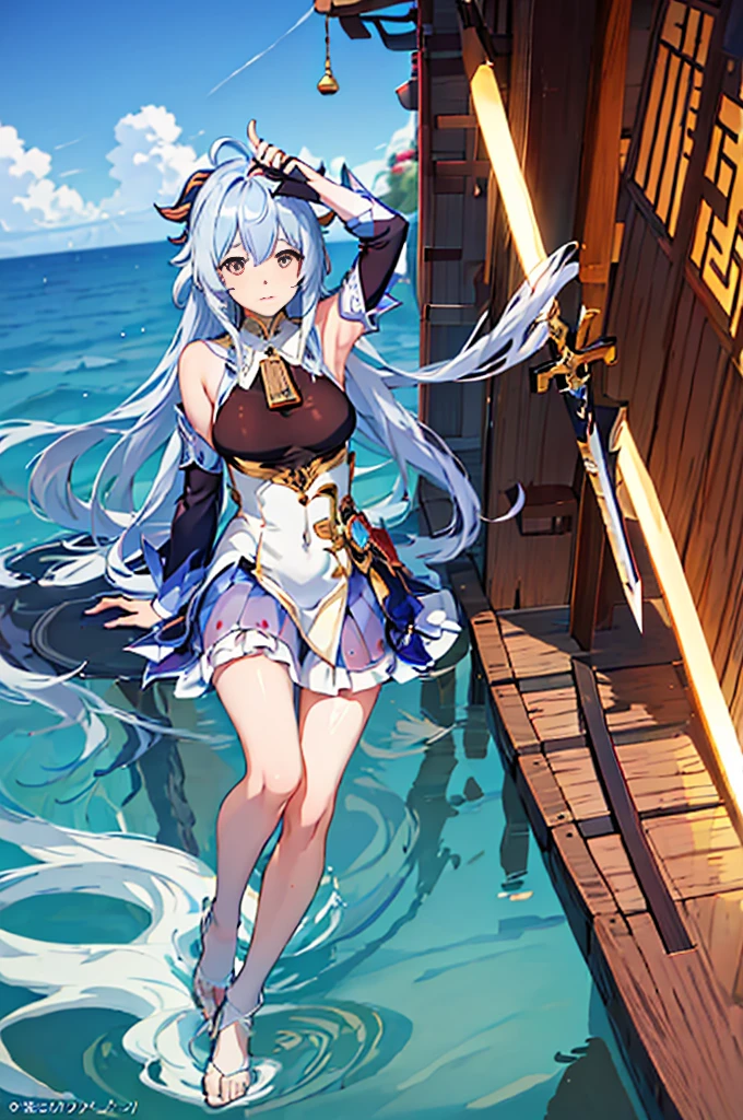 animemanga girl,Long white hair and a sword in the water, From《Azur route》videogame, Kushatkrenz Key Art Women, azur lane style, anime goddess, Very detailed ArtGerm, splash ink art anime loli, Detailed key animation art, Ayaka Genshin impact, 《Azur route》role, 《the original god》Keqing in