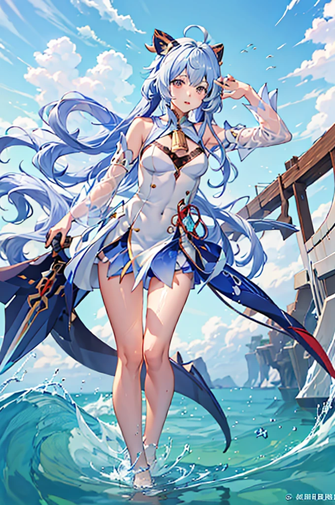 animemanga girl，Long white hair and a sword in the water, From《Azur route》videogame, Kushatkrenz Key Art Women, azur lane style, anime goddess, Very detailed ArtGerm, splash ink art anime loli, Detailed key animation art, Ayaka Genshin impact, 《Azur route》role, 《the original god》Keqing in