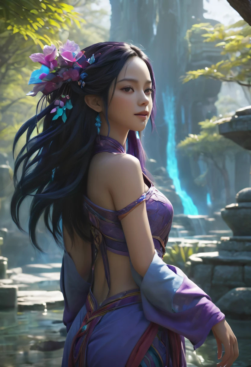 avatar village，《head portrait》In katara, mayan，8K, Asian women，water elemental, Fantasy style，8K，Octagonal rendering,，avatar village，Movie scene agile world. purple and blue colored，Colorful, Fairy Kingdom Forest, Bustling magic town, magical village, Fantasy Town, Magical fantasy  very detailed, Oriental Fantasy Town, intricate rainbow environment, enchanted magical fantasy forest, Whimsical fantasy landscape art，《whack》Nezha  here, Still from a fantasy movie, small person. Unreal Engine5, Art germ ; 3d unreal engine, Chinese fairy tale movies