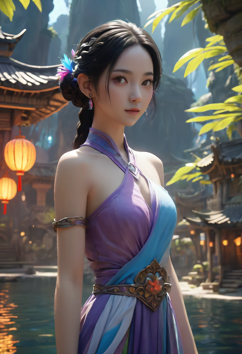 avatar village，《head portrait》In katara, mayan，8K, Asian women，water elemental, Fantasy style，8K，Octagonal rendering,，avatar village，Movie scene agile world. purple and blue colored，Colorful, Fairy Kingdom Forest, Bustling magic town, magical village, Fantasy Town, Magical fantasy  very detailed, Oriental Fantasy Town, intricate rainbow environment, enchanted magical fantasy forest, Whimsical fantasy landscape art，《whack》Nezha  here, Still from a fantasy movie, small person. Unreal Engine5, Art germ ; 3d unreal engine, Chinese fairy tale movies