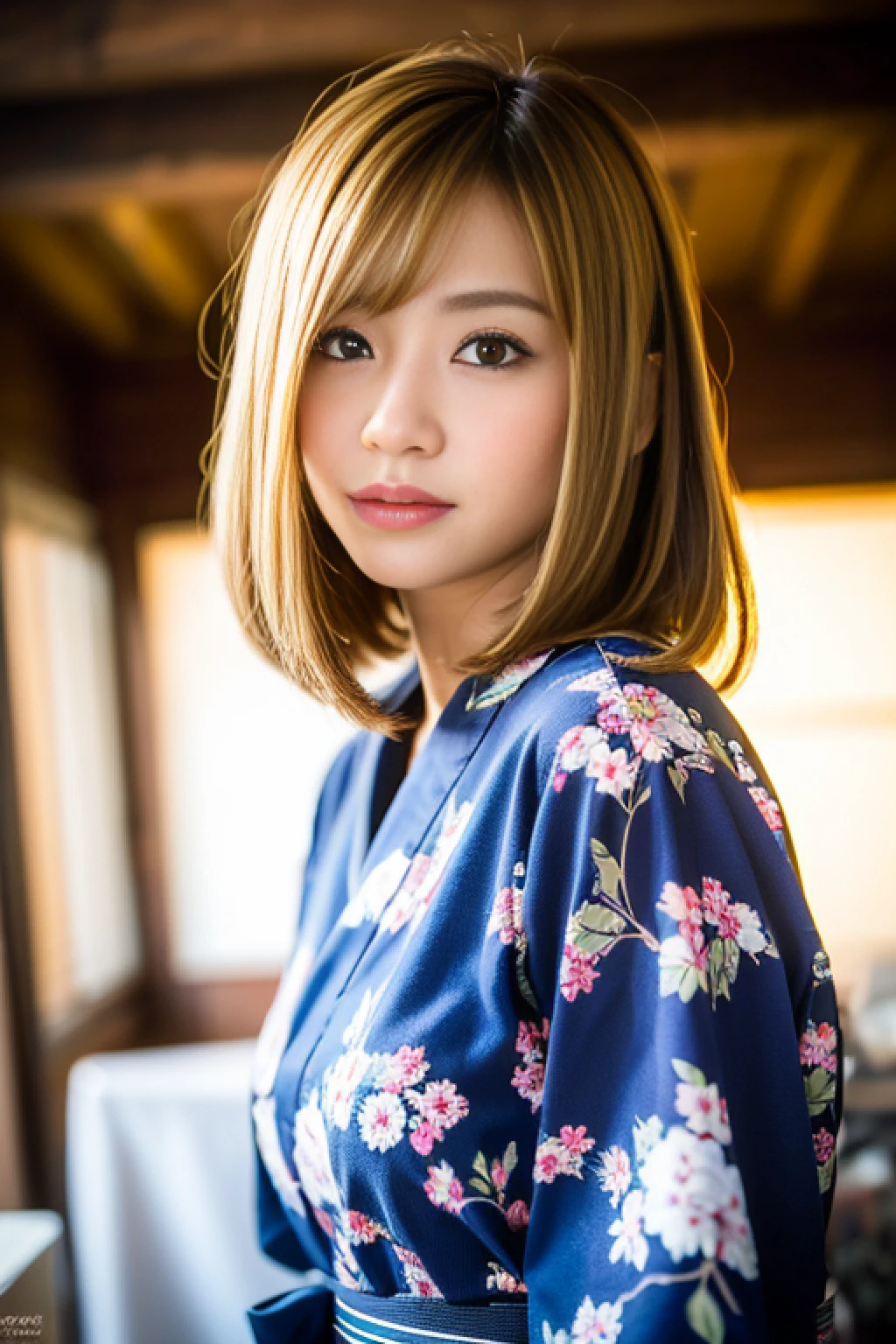 (8K, Raw photo:1.2), Detailed face and eyes,Best Quality, 超A high resolution, Highly detailed ,intricate detailes ,masutepiece ,Cute Girl , Soft cinematic light, Hyper-detailing,Sharp Focus, High quality, Blonde hair, bob cuts, Yukata