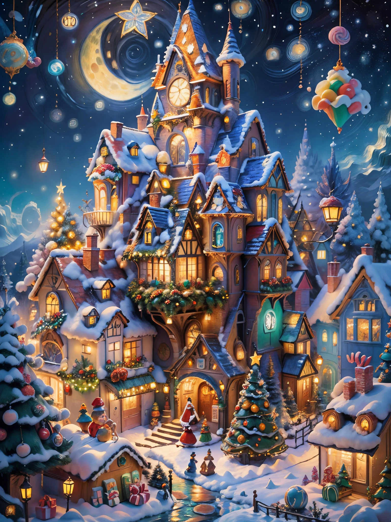 (tmasterpiece),（ultra - detailed：1.3），Best quality at best，（Sparkling:1.2），（Christmas village in dream fairy tale:1.4），(Van Gogh style Christmas architecture: 1.5),（The moon  empty），((Delicious sweets，Christmas tree, gifts, Christmas stockings, cute gingerbread man，chocolate house splash)), Illustration style, and decorations, Fantasy Christmas Town, Lovely design style, natta，snowfield，moon full，Vibrant colors、 ((Whimsical and charming fantasy)), Surreal portrait, (Fantasy themed fairy tale village), (whimsical architectural decorations), (Colorful, Landscape full of candy), (enchanting, Magical scenery), (A vibrant, candy colored building), (Candy and Gingerbread Trail), (Candy Castle) in distance, (Rich, fantasticcolors), (Twinkling starour dimensional dream), (Psychedelic and mesmerizing atmosphere), (Playful composition), (Vivid lighting effects), 1.4x realism，hyper HD，Shown in this beautiful scene，（Very meticulous，Reasonable design，Clear lines，High- sharpness，tmasterpiece，offcial art，movie light effect，8K)