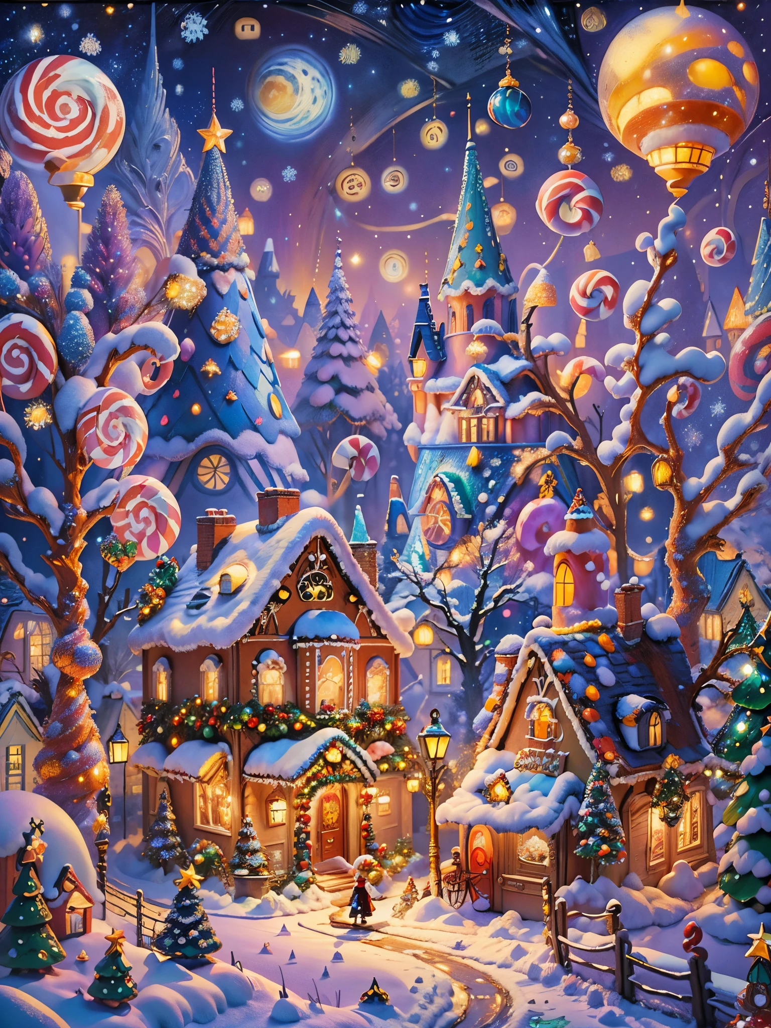 (tmasterpiece),（ultra - detailed：1.3），Best quality at best，（Sparkling:1.2），（Christmas village in dream fairy tale:1.4），(Van Gogh style Christmas architecture: 1.5),（The moon  empty），((Delicious sweets，Christmas tree, gifts, Christmas stockings, cute gingerbread man，chocolate house splash)), Illustration style, and decorations, Fantasy Christmas Town, Lovely design style, natta，snowfield，moon full，Vibrant colors、 ((Whimsical and charming fantasy)), Surreal portrait, (Fantasy themed fairy tale village), (whimsical architectural decorations), (Colorful, Landscape full of candy), (enchanting, Magical scenery), (A vibrant, candy colored building), (Candy and Gingerbread Trail), (Candy Castle) in distance, (Rich, fantasticcolors), (Twinkling starour dimensional dream), (Psychedelic and mesmerizing atmosphere), (Playful composition), (Vivid lighting effects), 1.4x realism，hyper HD，Shown in this beautiful scene，（Very meticulous，Reasonable design，Clear lines，High- sharpness，tmasterpiece，offcial art，movie light effect，8K)