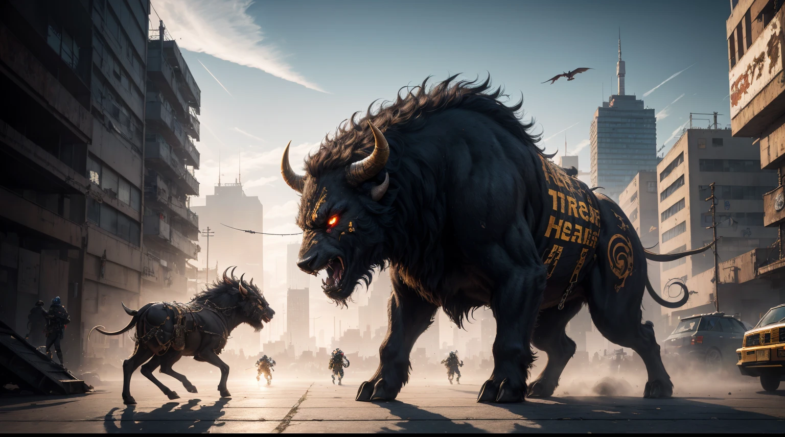 highres, shadows, absurdres, best_quality, ultra_detailed, 8k, extremely_clear, photograph, beautiful, sharp focus, hdr, buffalo, demon king, ferocity, pride, strength, determination, patience, warrior, steadfast, fighting, fantastic location, dream, cyberpunk super arena