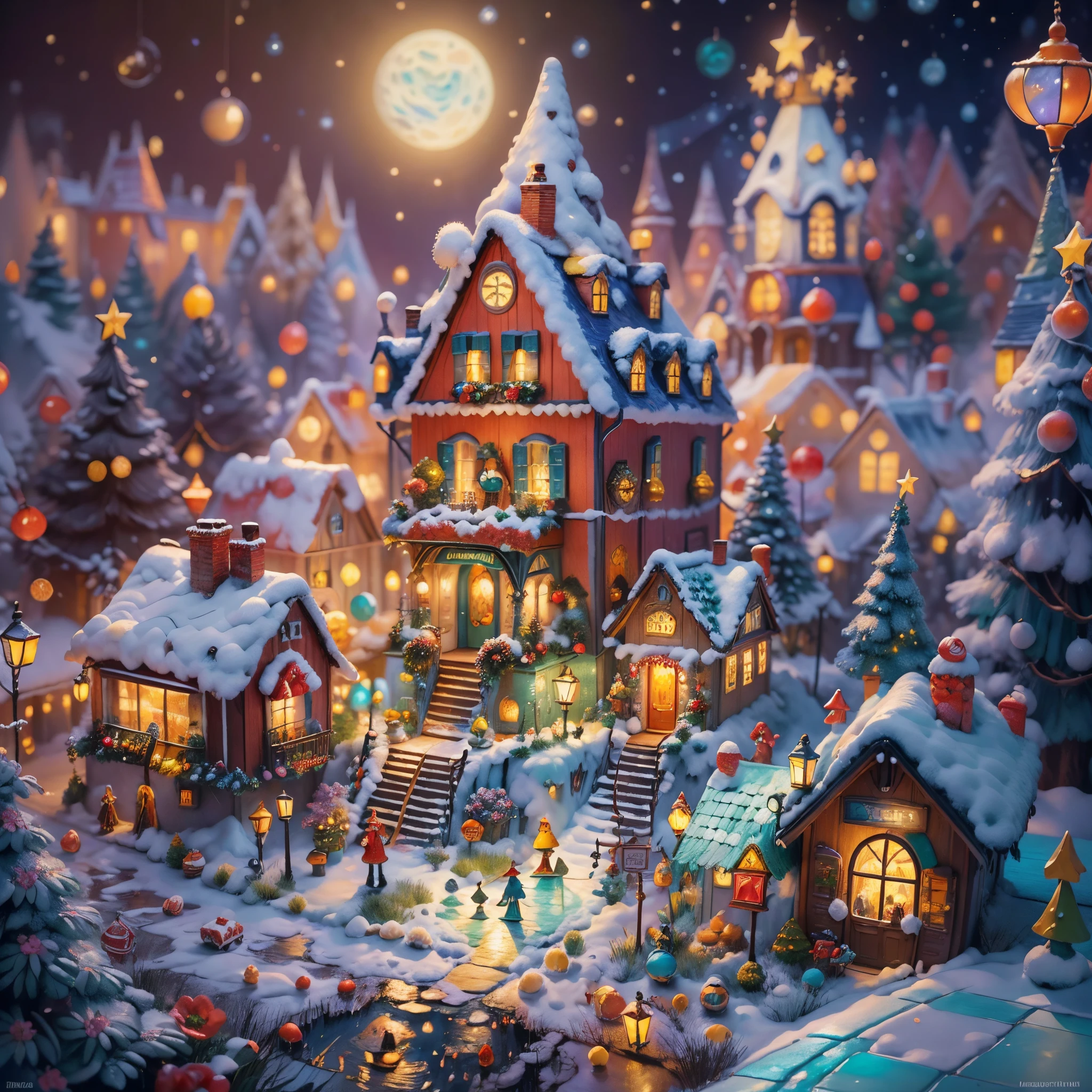 (tmasterpiece),（ultra - detailed：1.3），Best quality at best，（Sparkling:1.2），（Christmas village in dream fairy tale:1.4），(Van Gogh style Christmas architecture: 1.5),（The moon  empty），((Delicious sweets，Christmas tree, gifts, Christmas stockings, cute gingerbread man，chocolate house splash)), Illustration style, Christmas decorations, Fantasy Christmas Town, Lovely design style, natta，snowfield，moon full，Vibrant colors、 ((Whimsical and charming Christmas fairy village fantasy)), Surreal portrait, (Fantasy themed fairy tale village), (whimsical architectural decorations), (Colorful, Landscape full of candy), (enchanting, Magical scenery), (A vibrant, candy colored building), (Candy and Gingerbread Trail), (Candy Castle) in distance, (Rich, fantasticcolors), (Twinkling starour dimensional dream), (Psychedelic and mesmerizing atmosphere), (Playful composition), (Vivid lighting effects), 1.4x realism，hyper HD，Shown in this beautiful scene，（Very meticulous，Reasonable design，Clear lines，High- sharpness，tmasterpiece，offcial art，movie light effect，8K)