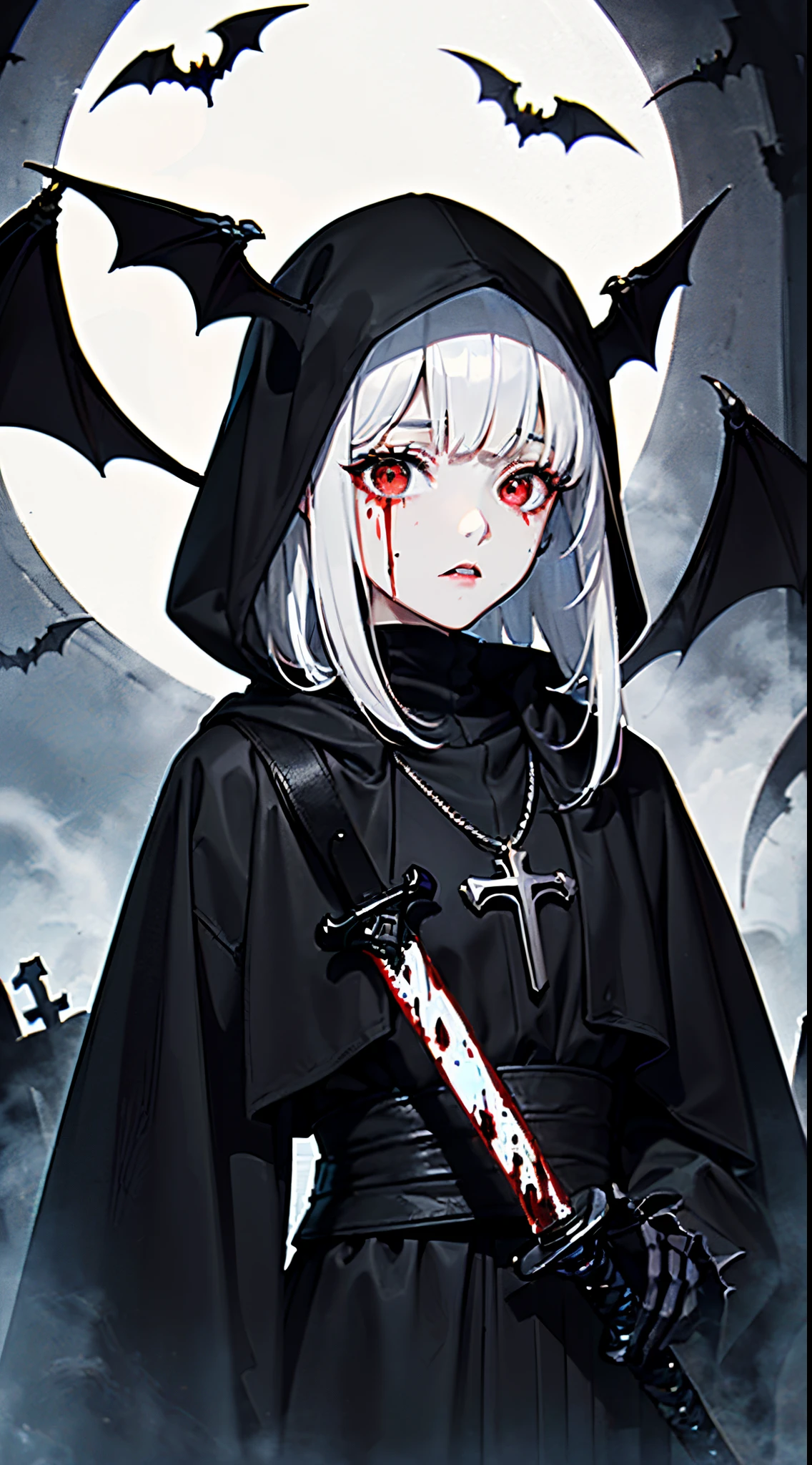 ([(nsfw)::1],[[delicate fingers and hands:0.55]::0.85],masterpiece,best quality (girl Focus:1.4),(beautiful detailed eyes:1.1),(beautiful detailed girl:1.2),[:outline:0.9],solo,1girl,long black gradient white hair,((dark:1.3) fog adorns aroundl detailed cloak)(she carry(black_(fog:1.4) embedded in the (black:1.4) Heavy Sword:1.3),(Hilt in the shape of (dark:1.3) (Skeleton:1.2))(dark church:1.3),Thorn cages,dark sun,grim reaper,Dead space,cemetery,fashi-girl, red eyes, (Blood-red bats flying in sky),(no bat wings)