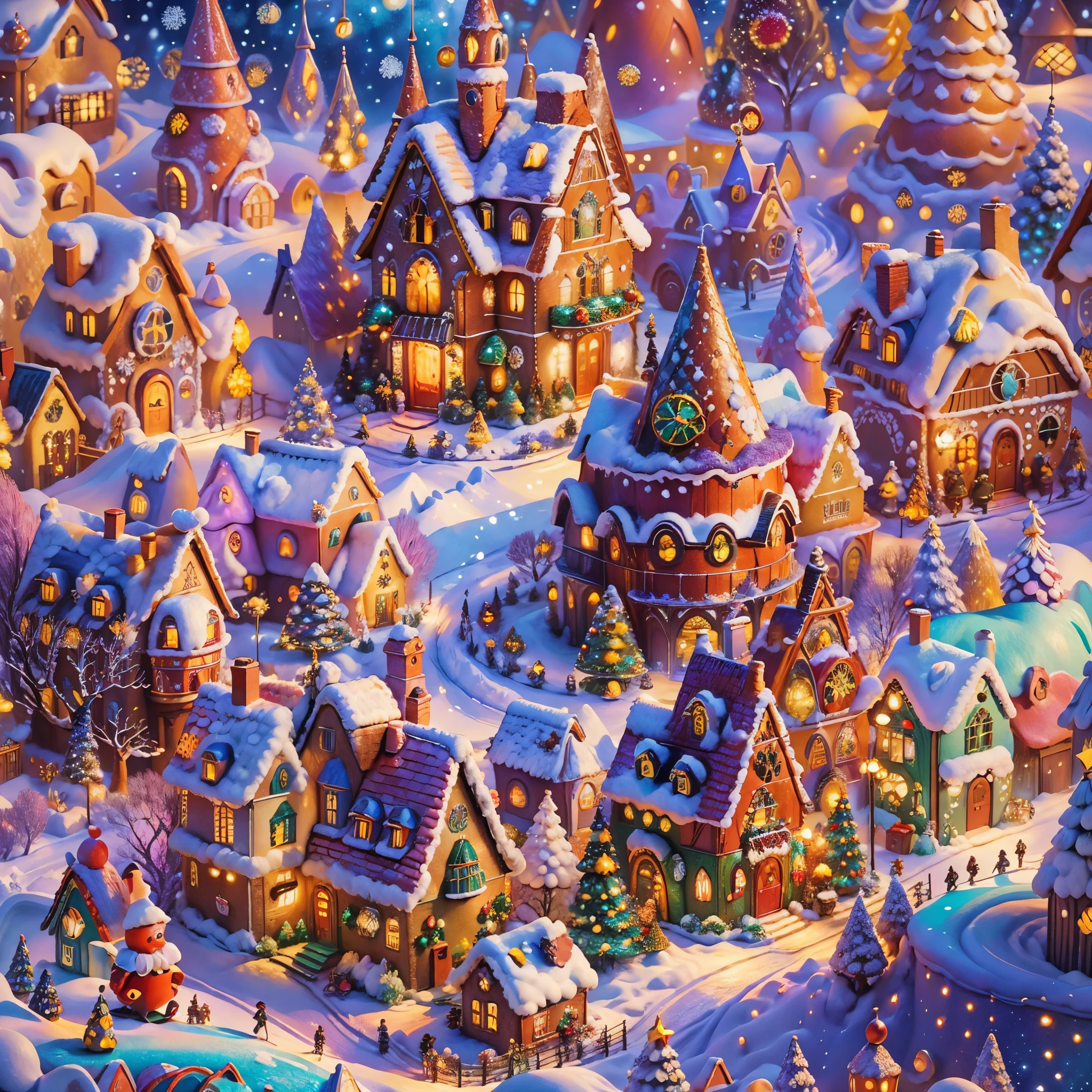 (tmasterpiece),（ultra - detailed：1.3），Best quality at best，（Sparkling:1.2），（Christmas village in dream fairy tale:1.4），(Van Gogh style Christmas architecture: 1.5),（The moon  empty），((Delicious sweets，Christmas tree, gifts, Christmas stockings, cute gingerbread man，chocolate house splash)), Illustration style, Christmas decorations, Fantasy Christmas Town, Lovely design style, natta，snowfield，moon full，Vibrant colors、 ((Whimsical and charming Christmas fairy village fantasy)), Surreal portrait, (Fantasy themed fairy tale village), (whimsical architectural decorations), (Colorful, Landscape full of candy), (enchanting, Magical scenery), (A vibrant, candy colored building), (Candy and Gingerbread Trail), (Candy Castle) in distance, (Rich, fantasticcolors), (Twinkling starour dimensional dream), (Psychedelic and mesmerizing atmosphere), (Playful composition), (Vivid lighting effects), 1.4x realism，hyper HD，Shown in this beautiful scene，（Very meticulous，Reasonable design，Clear lines，High- sharpness，tmasterpiece，offcial art，movie light effect，8K)