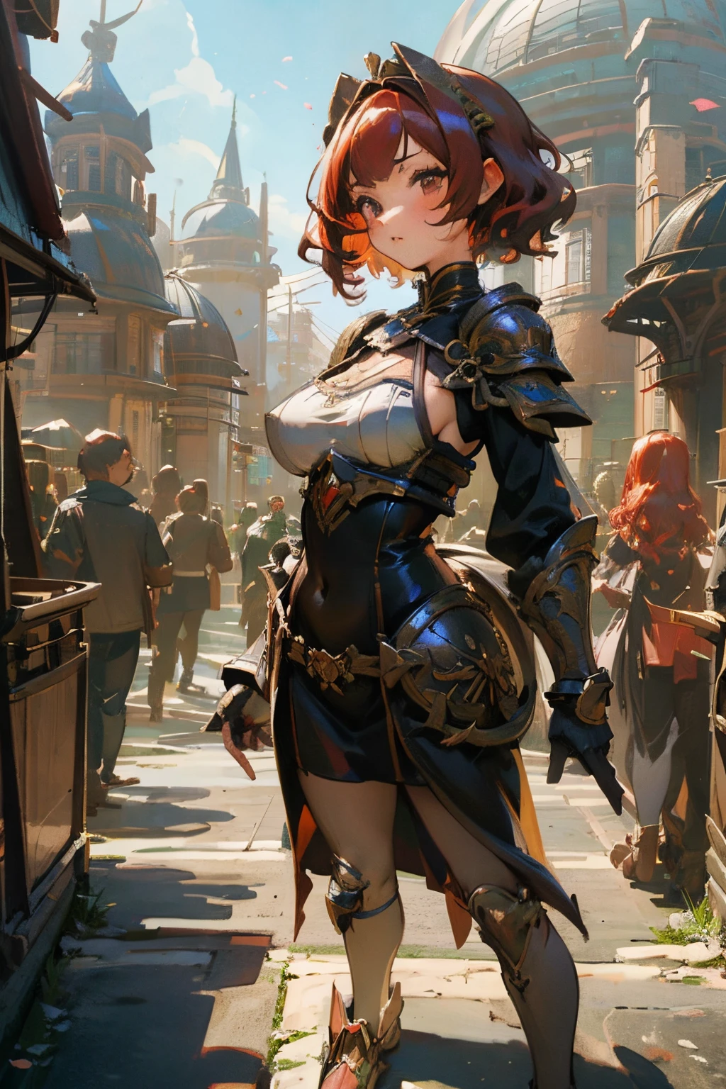 masutepiece, Best Quality, colorful, ray tracing, perfect lighting, extremely detailed 8k wallpaper, detailed background, High resolution, solo, 1girl, Full body, Description Girls, detail hands, Detail fingers, Detail Face, cute face, detail legs, overdetailed art, Fine details, large breasts, big ass, fantasy, red hair, (wavy hair), (bob cut), leather armor, in town, walking
