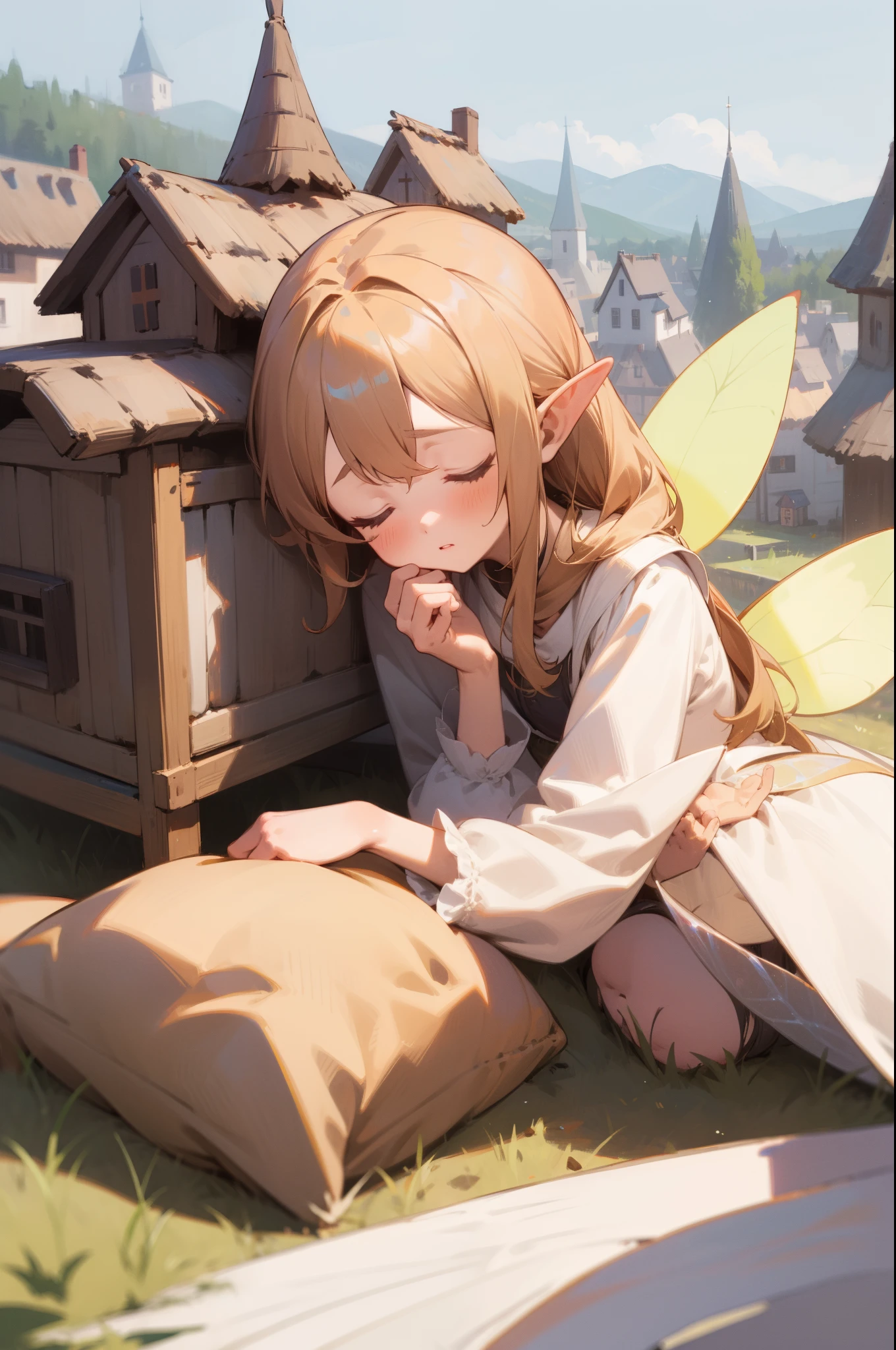 (outdoor, Fairy Village), 1girl, fairy, fly, (sleepy), masterpiece, best quality, 8k, perfect anatomy