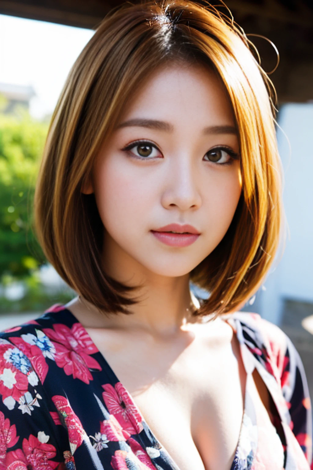 (8K, Raw photo:1.2), Detailed face and eyes,Best Quality, 超A high resolution, Highly detailed ,intricate detailes ,masutepiece ,Cute Girl , Soft cinematic light, Hyper-detailing,Sharp Focus, High quality, Blonde hair, bob cuts, Yukata