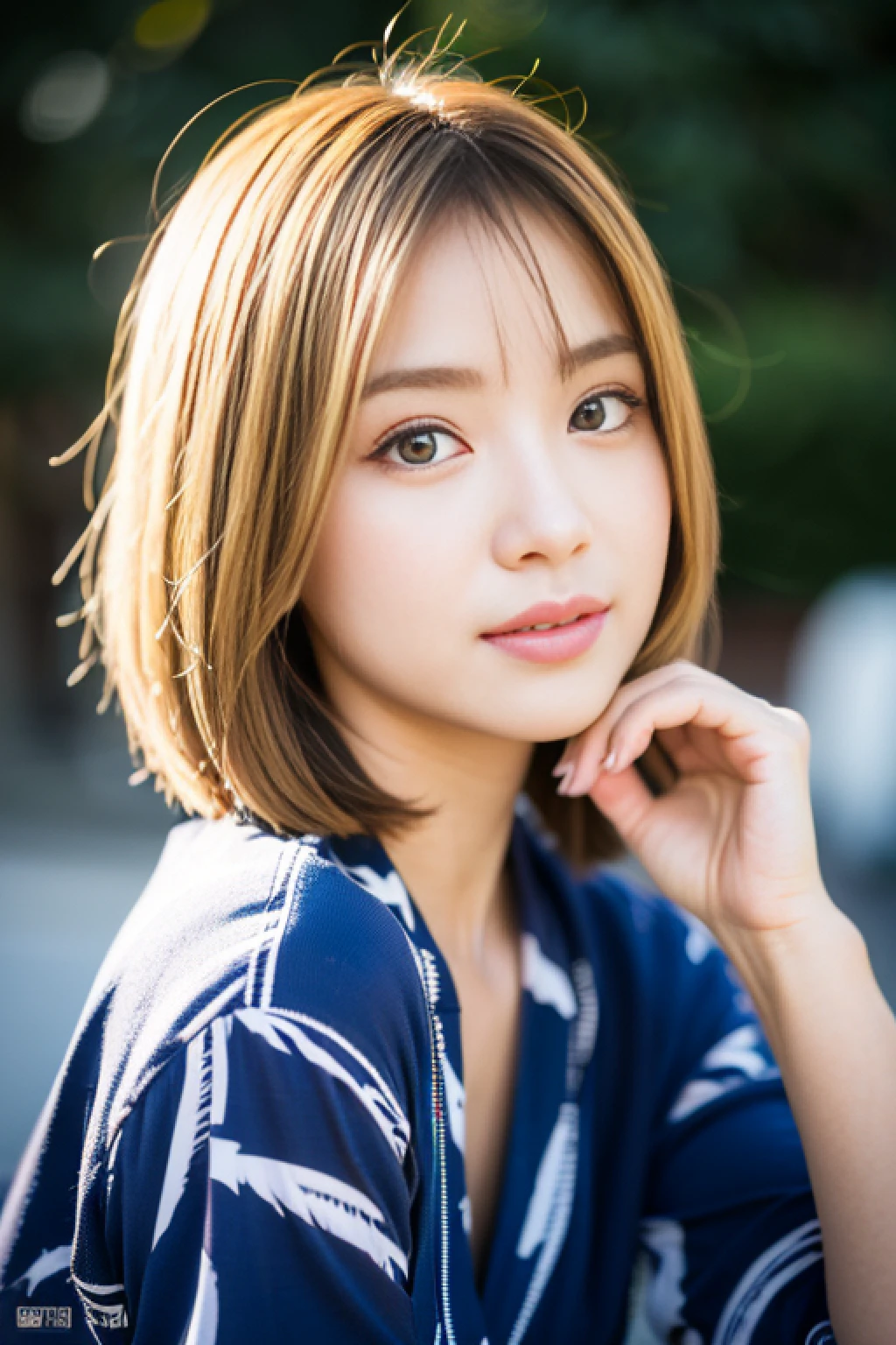 (8K, Raw photo:1.2), Detailed face and eyes,Best Quality, 超A high resolution, Highly detailed ,intricate detailes ,masutepiece ,Cute Girl , Soft cinematic light, Hyper-detailing,Sharp Focus, High quality, Blonde hair, bob cuts, Yukata