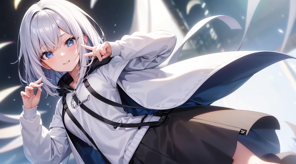 Ultra-high image quality,Look at viewers, hands behind back, girl with, 20 years old, Very short hair, long bangs between eyes, pale blue eyes, Hoodie, Skirt , Extremely detailed,(​masterpiece、top-quality)、report、White hair、A smile、White skin as clear as snow、Fantastical, Silver hair, Black eyes, Beautiful eyes,, Ecstasy, charmed, be smitten with audience, Hoodie, White hoodie,a black skirt,Hair is short,look down from above,(masutepiece, Best Quality:1.1),report, 1girll, Curve,White jacket, Casual style,Open jacket, Fluttering hair、a small face、hason、Bright smile、(parka、white sneaker fingers、Human hand)、(Detailed face) 、(top-quality: 1.4、tmasterpiece、 hyper HD、 Top resolution,、Very detailed、 profetional lighting、fantastic landscape, Sunlight,Shoulder out