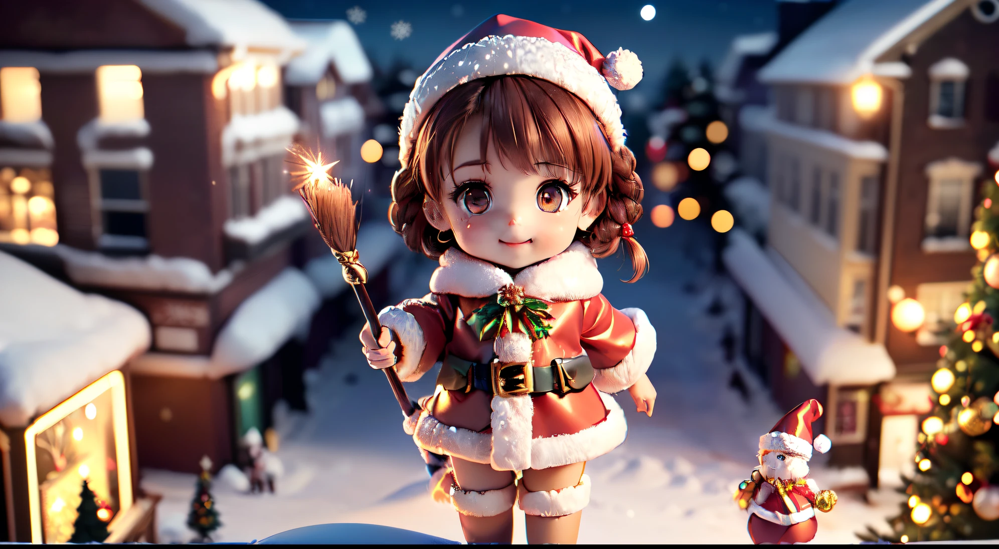 (Ultra-detailed eyes), (((Textile shading))), (((Best quality))), (((On a table))), (((super-detailed CG))), (Colorful glowing lanterns),((Colorful colors flying in the night sky、Cute little animals)),((large full moon)),((shiny colorful star hair,((Brown hair)),((braided shorthair cat)),minor red tide,((Brown Eyes Icon Style Santa Claus Costume)),((Santa hat with tiara)),(Magic wand with gem tip),(To this'The snow a bit light),((Christmas tree and lights)),Happy smile,Shang Ming,((Fly through the sky on a magic broomstick)),((looking from above)),(It looks plain),((Wearing a luxurious cloak)),Savage girlfriend, (((magical girl))), (small), (Small under the chest), Blonde hair, Blonde hair, Blonde hair, Fixed mood, ((Short hair details, Short hair details, ornate hair)), a pink eyes, (((Christmas dresses, Red and white faux fur-trimmed Cardroy jacket, Millennium bug, scallop skirt))), ((Pose up)), (((GameCG)) (A gorgeous one, fashionably, it girls accessories, Sparkling sky, amsterdam light festival, Christmas atmosphere, light christmas, Christmas tree, Amsterdam Light Festival full of atmosphere, cow boy shooting, Medium shot , centered image, Keep your eyes on the camera, natta,full bodyesbian, tchibi