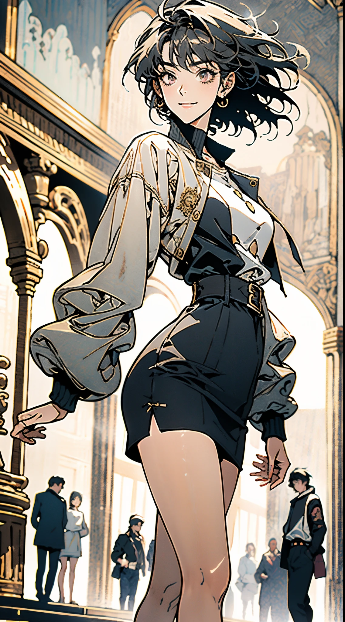 A girl with short gray hair, bright eyes, a cheerful smile, a joyful expression, a slender figure, a two-piece fantasy-realistic style jacket, short skirt that matching the outfit, barefoot, she happily leaps in front of a fantasy-style ancient ritual building, bright and soft color, this character embodies a finely crafted fantasy-realistic style girl in anime style, exquisite and mature manga art style, high definition, best quality, highres, ultra-detailed, ultra-fine painting, extremely delicate, professional, anatomically correct, symmetrical face, extremely detailed eyes and face, high quality eyes, creativity, RAW photo, UHD, 8k, Natural light, cinematic lighting, masterpiece-anatomy-perfect, masterpiece:1.5