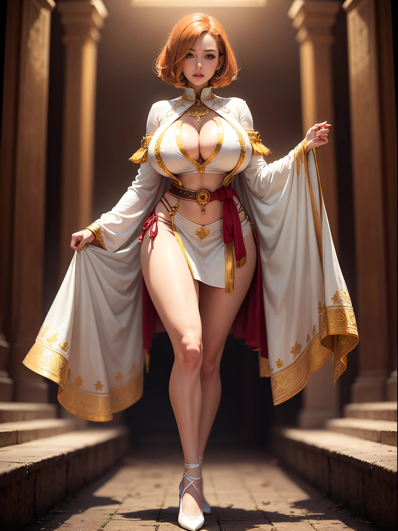 1girl, lithe babe with gigantic tits, cleavage, dancer, fantasy setting, full body shot, golden-red hair, gold trim, embroidery, bobcut, straight hair, mini skirt, loincloth, white clothes