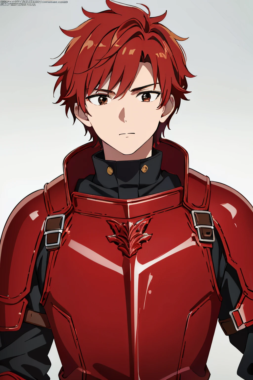 (best quality, 4k, 8k, high resolution, masterpiece: 1.2), ultra-detailed, a boy, red hair and brown eyes, wearing red armor, front camera, against a white background