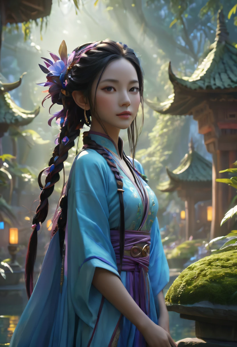 avatar village，《head portrait》In katara, Maya 8K, Asian woman water element, Fantasy style 8k octane rendering,，avatar village，Movie scene agile world. purple and blue colored，Colorful, Fairy Kingdom Forest, Bustling magic town, magical village, Fantasy Town, Magical fantasy  very detailed, Oriental Fantasy Town, intricate rainbow environment, enchanted magical fantasy forest, Whimsical fantasy landscape art，《whack》Nezha  here, Still from a fantasy movie, small person. Unreal Engine5, Art germ ; 3d unreal engine, Chinese fairy tale movies