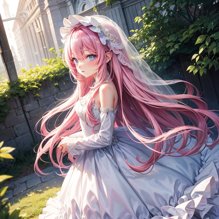 A long-haired girl with pink hair and light blue eyes in a wedding dress